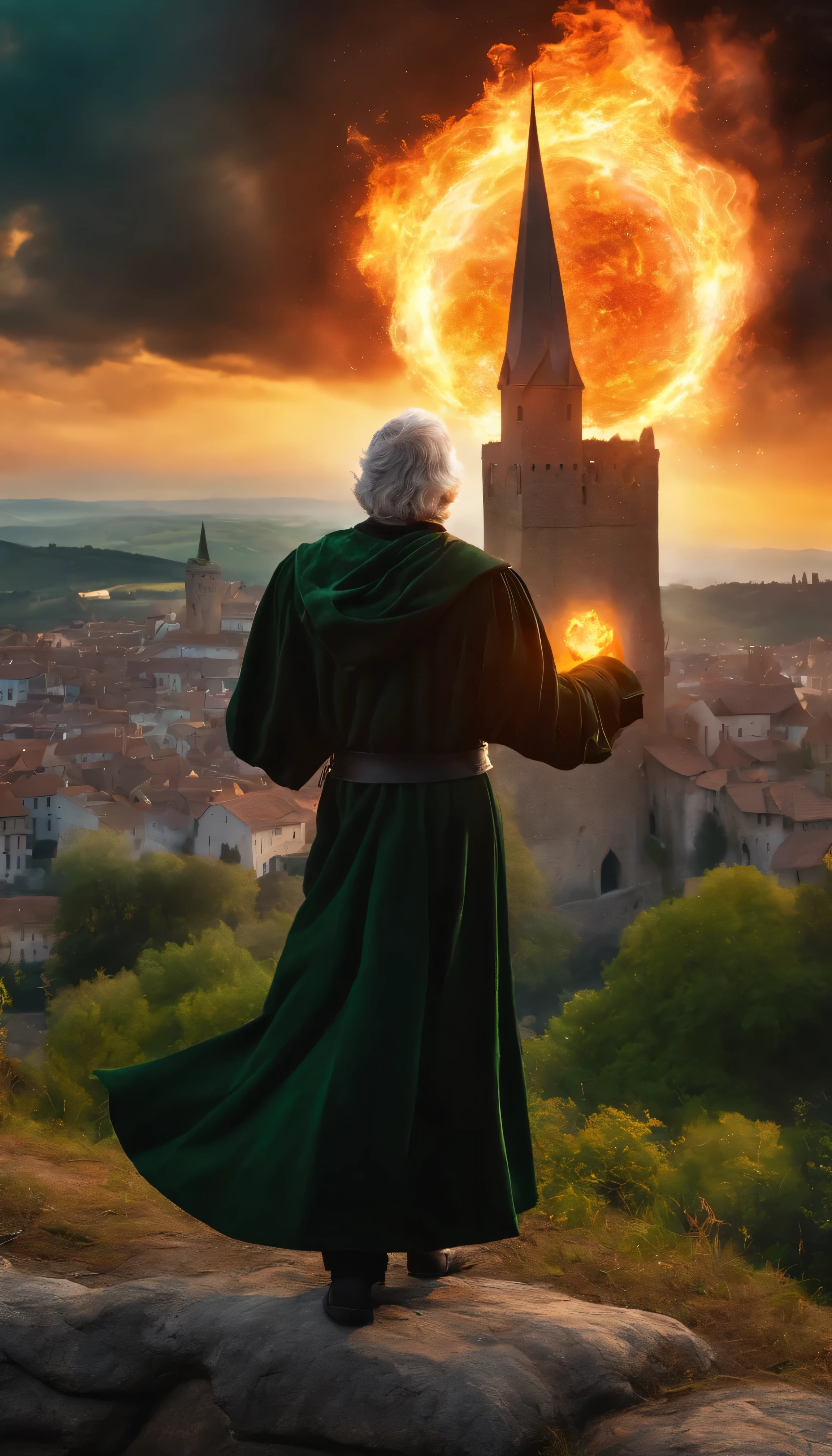 8k, close distance portrait, a male wizard with black clothes and grey short hair from behind, hand up to the sky, throwing a super massive huge green fireball toward a medieval city in the distance from hill, with a burning medieval city background the distance, fire ball