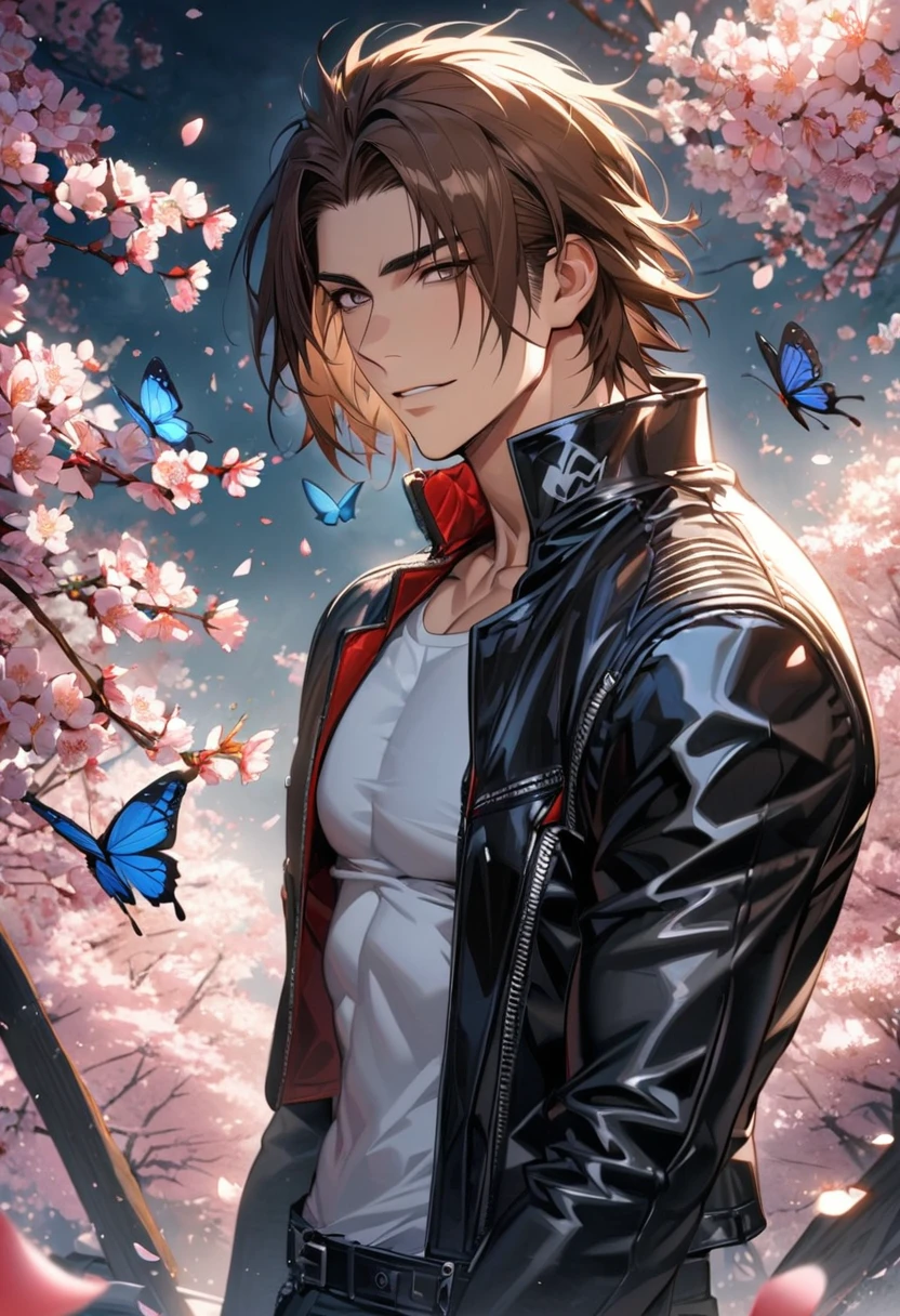 Ultra detailed, Highres, HDR, absurdres, Kyo Kusanagi, brown hair, expressive brown eyes, black leather jacket, white tight T-shirt, The King Of Fighters, sexy man, white band, extremely handsome, solo, extremely detailed face and eyes, petals, blossoms, spring, master piece, butterflies, cherry blossoms, black gloves,