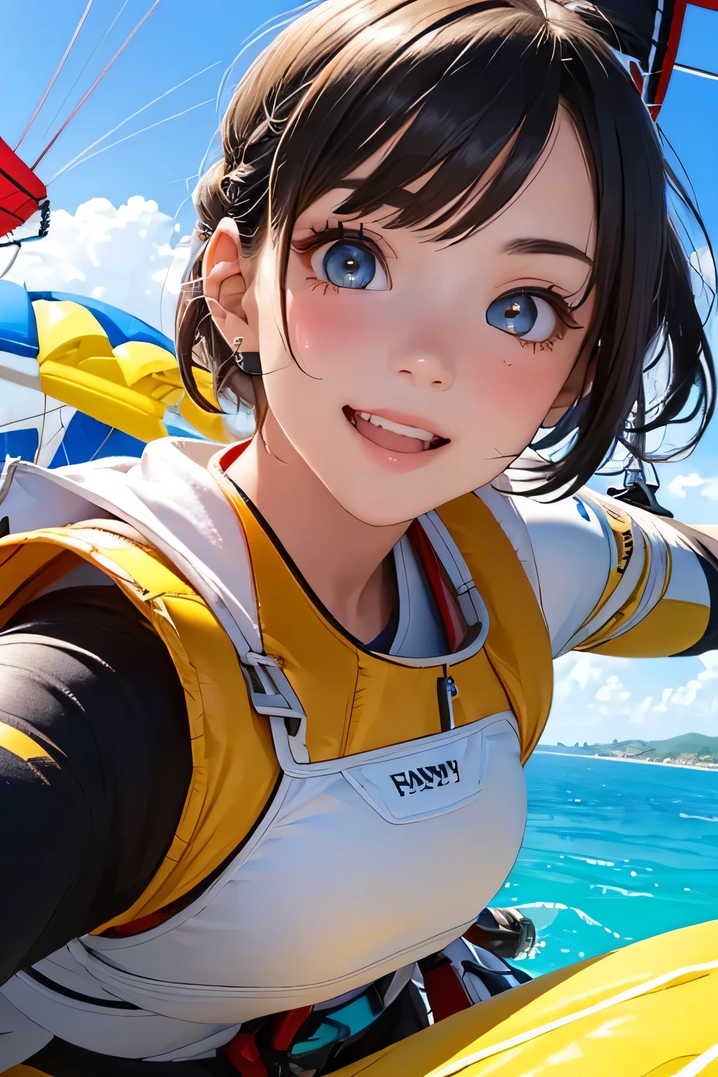 highest quality、High resolution、Detailed Background、(Beautiful face in every detail:1.4)、Anatomically correct、(Draw the usual number of fingers:1.2)、(Detailed facial expressions)、(Detailed eyes:1.2)、(Detailed eyes:1.2)、age beauty、(Highly detailed face:1.4)、Cute color hair color、ponytail、Bobcut、well-groomed eyebrows、Satisfied and happy smiles、Excitement and anticipation、The blueness of the sea、Stretching sandy beach、A beautiful island in the distance々、From the sky、
(A beautiful girl soaring through the sky on a parasailing:1.5)、
A beautiful seaside resort、With blue sky and expansive sea in the background、A view that spreads out at once