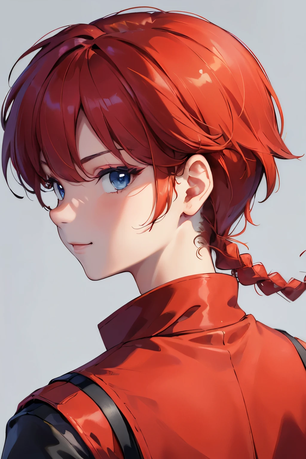 ((masterpiece)), high quality, very_high_resolution, large_filesize, full color, heavy outline, clear outline, colorful, (beautiful detailed eyes), (beautiful face:1.3), (boyish face:1.3), 1 girl, (femaleranma), (red hair), short hair, (braided ponytail), ((bangs)), bumpy bangs, blue-gray eyes, big breasts, curvy, femaleranma, braided ponytail, (red chinese clothes), sleeveless, tangzhuang, black pants, cameltoe, standing, upper body, ((from behind:1.4)), smile, ((portrait:1.8)), ((face focus:1.4)),
