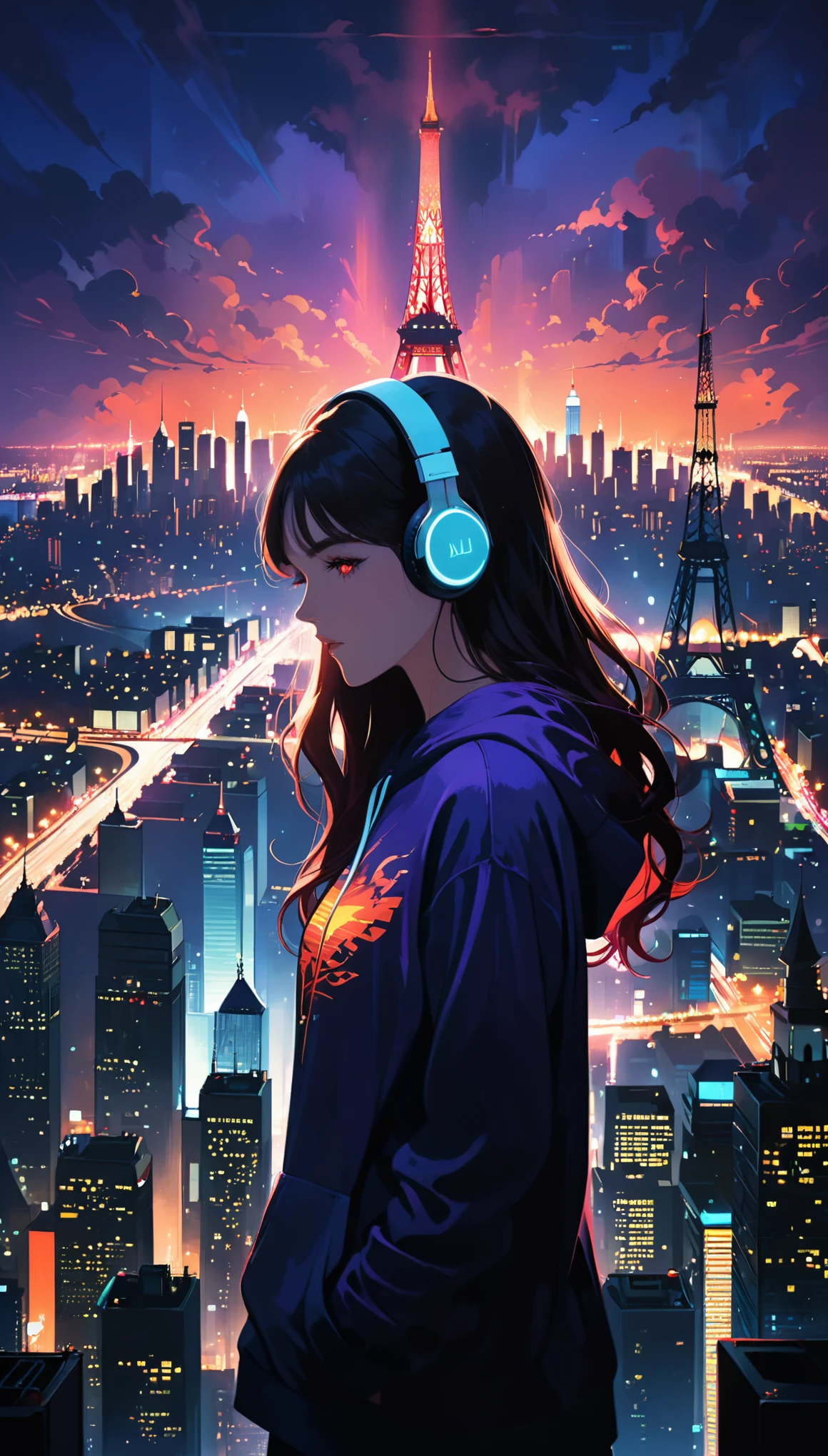 (artist by Jack Hughes:1.1),1girl,(very long hair:1.1),(bright cityscape pattern on clothes:2.1),hoodie,(headphones:1.2),silhouette,
(skyline:1.2),(cityscape:1.4),(a big iron tower:1.3),Standing at the top of the tower,lavenderblush theme,low saturation,(darkness:1.3),(silhouette:1.3),abstract background,detail glow red eyes,(looking the view:1.1),(Dark atmosphere,shadow,Silhouette,Minimalist style,dark,Very strong darkness:0.8),(dynamic_angle:1.2),stylish_pose,(dutch angle:1.2),
glowing,neon,from_below,from_side,(diffracted lightfog:1.3),hug your chest with one hand,(wind with long hair blowing:1.3),a vanishing point far away,altostratus_opacus,