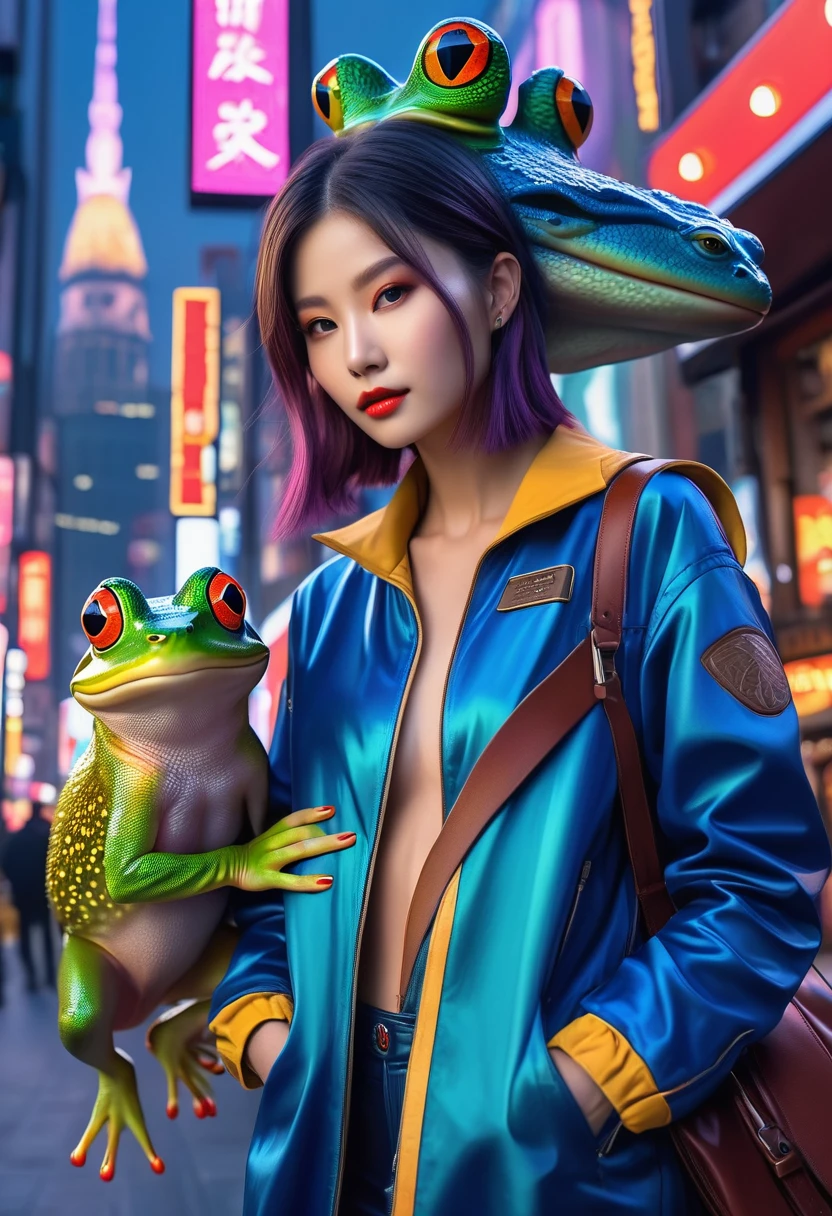 (best quality,4k,highres),(realistic,photorealistic:1.37),(Yoshitaka Amano style:1.1),SFW,(safe for work), A nordic woman and her guardian familiar, mystical creature,otherworldly creature, kaiju-like,enchanting companions,wearing stylish futuristic clothes,inspired by Phantasy Star Online, graceful poses, (The woman, with her eyes brightly colored, no makeup and her nordic facial features elegantly detailed, adding to her allure. Dressed in elegant casual clothes with a stylish futuristic jacket.), (She is accompanied by a guardian, an frog and salamander mixed creature with exquisite anatomical features, and with multiple eyes. The creature's presence adds a sense of wonder and magic to the scene.), (The woman and her companion stand in a vibrant and bustling city, a modern metropolis with bustling streets, and vibrant signs. The colors are vibrant, with a mixture of dark blues, olive, and pale reds creating a dreamlike atmosphere.), (The lighting is soft but illuminating, casting a gentle glow on both the woman and the creature.), (The overall composition has a realistic and photorealistic quality, capturing the essence of the scene in intricate detail.), (The art style is inspired by Yoshitaka Amano, known for his ethereal and otherworldly illustrations. The combination of realistic elements with the artist's unique style creates a captivating and visually stunning image.)