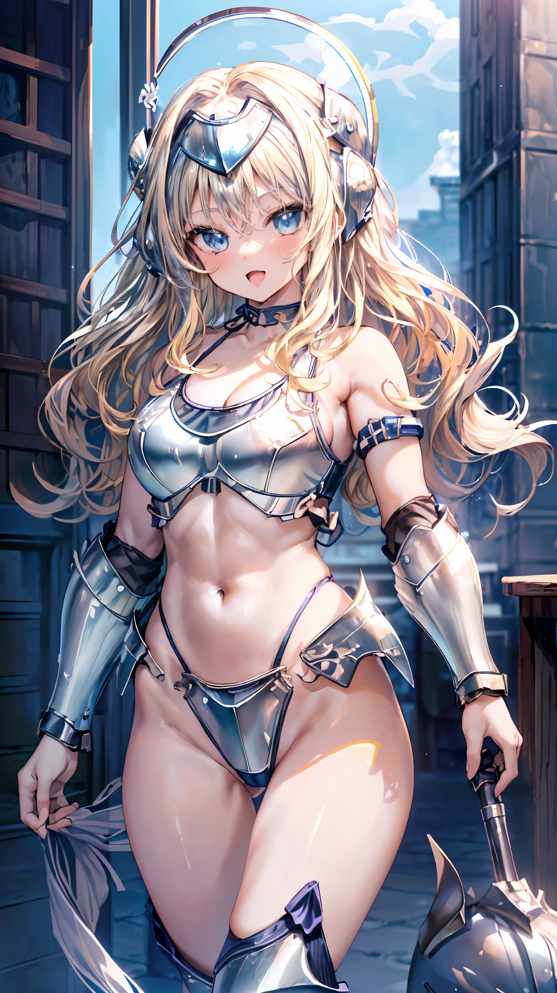 Very detailed、highest quality、Best image quality、masterpiece、8k、Anime Face、A kind smile、(Open your mouth:1.5)、Sparkling blue eyes、(Blonde wavy hair:1.5)、Muscles of the whole body、camisole、Thigh belt、mini skirt、(Wearing silver bikini armor:1.5)、(Cowboy Shot:1.5)、(Leg armor:1.5)、(Wearing a helmet:1.5)