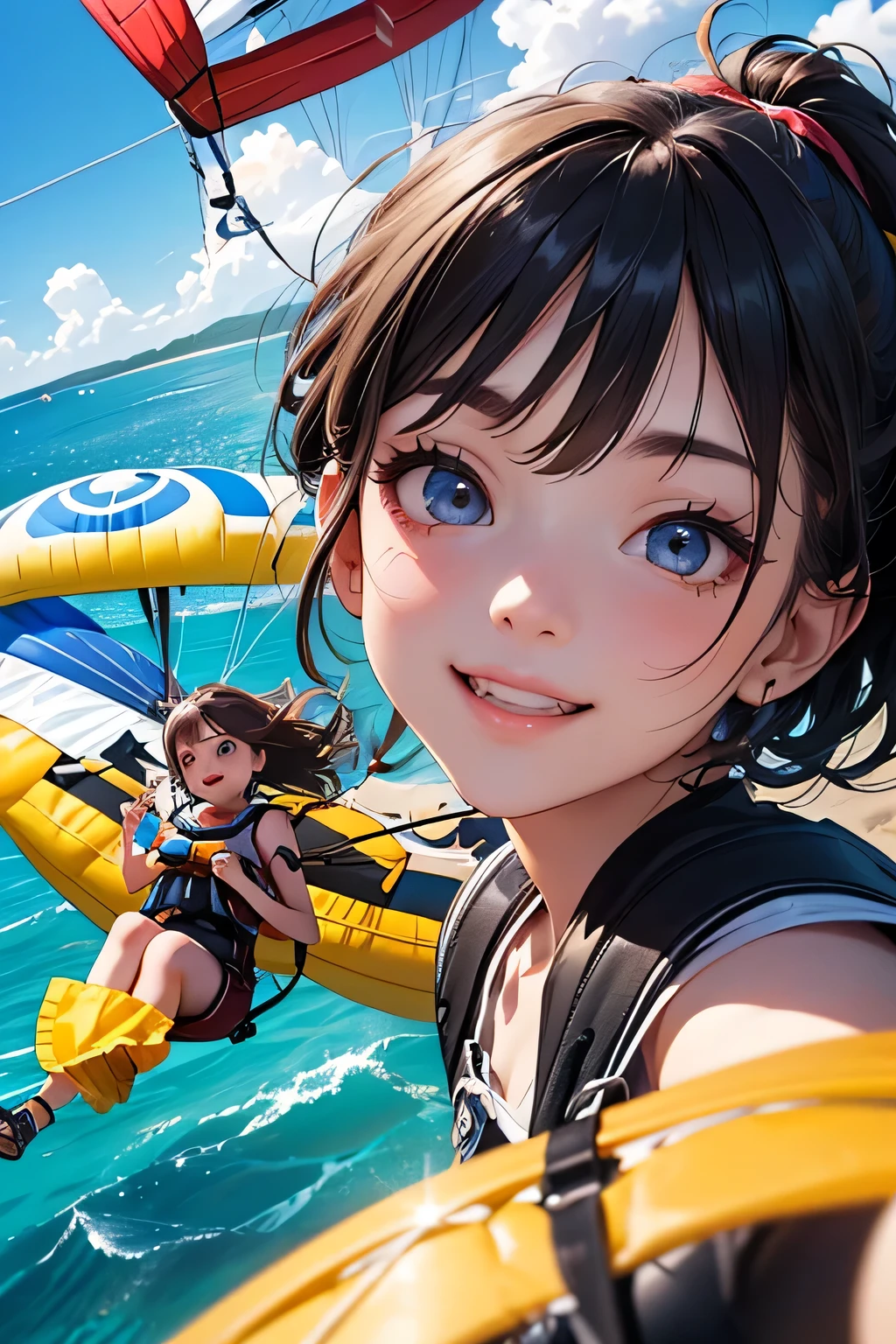highest quality、High resolution、Detailed Background、(Beautiful face in every detail:1.4)、Anatomically correct、(Draw the usual number of fingers:1.2)、(Detailed facial expressions)、(Detailed eyes:1.2)、(Detailed eyes:1.2)、Teenage beauty、(Highly detailed face:1.4)、Cute color hair color、ponytail、Bobcut、well-groomed eyebrows、Satisfied and happy smiles、Excitement and anticipation、The blueness of the sea、Stretching sandy beach、A beautiful island in the distance々、From the sky、
(A beautiful girl soaring through the sky on a parasailing:1.5)、
A beautiful seaside resort、With blue sky and expansive sea in the background、A view that spreads out at once
