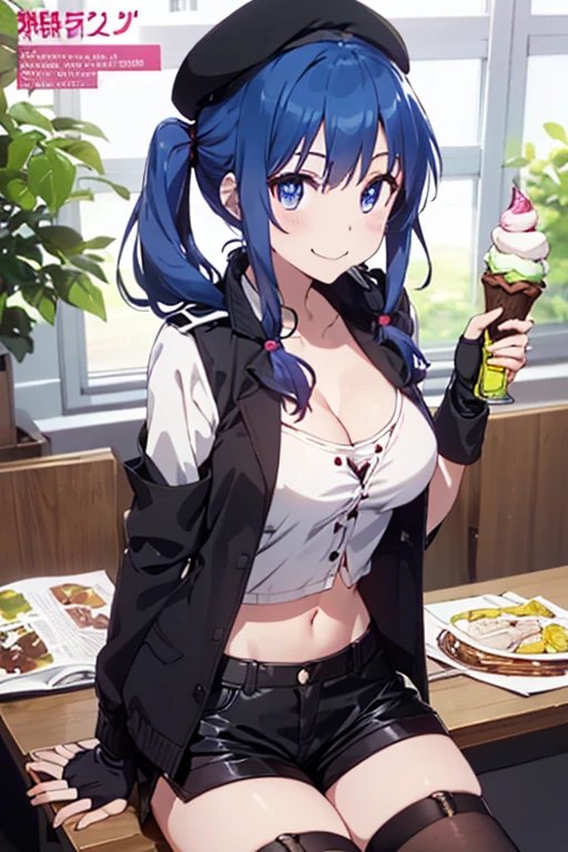 (from below:1.2),(from side:0.9), ((beautiful Face)), (Close-Up:0.6), ((looking at viewer, holding a icecream)),(Italian sweets magazine cover:1.4), highest quality、(real、photorealistic:1.5),(ultra high resolution,dark blue hair,long hair,side ponytail,hair between eyes,bangs, (beret, black jacket, open clothes, cleavage, midriff, black shorts, black thighhighs, thigh strap, fingerless gloves, single glove:1.2), (double breasted,under bust:1.2), sitting at a table, cute, anime visual of a cute girl, cute anime girl, eating cakes, young anime girl, guweiz, high quality anime artstyle, anime girl, artwork in the style of guweiz, beautiful anime girl, pretty anime girl, (anime girl), official artwork,(with sparkling eyes and a contagious smile),her thin pubic hair, looking at viewer, pose muy sexy"