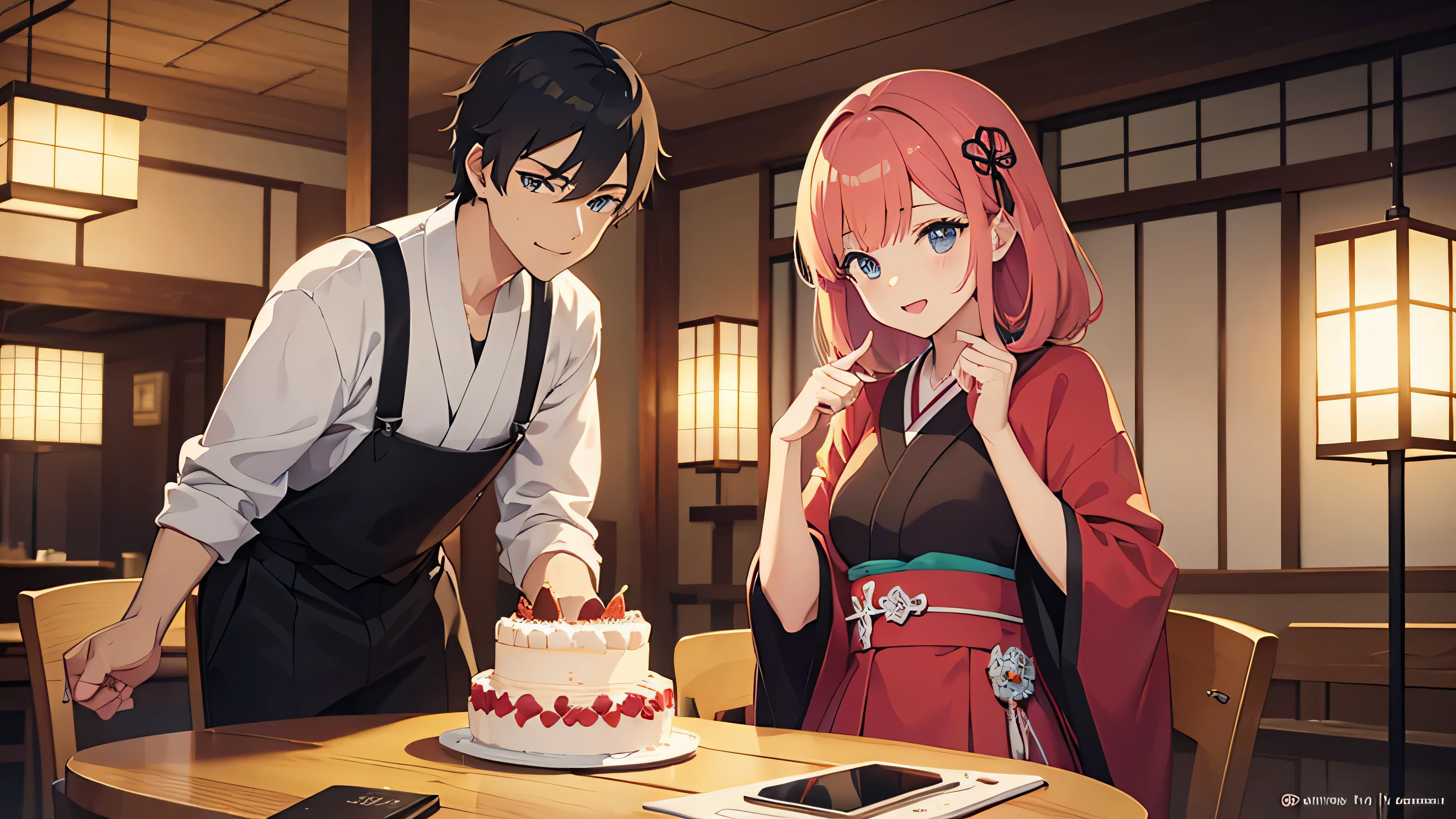 Use Guvez style to create a scene of a woman cutting a cake，Drawing style anime 3D，Present details like digital art，Guweiz's work can be found on Pixiv and ArtStation。Chinese zombies full of charm, Beautiful and colorful Qing dynasty zombies, Wonderful gestures, The scene details are super exquisite