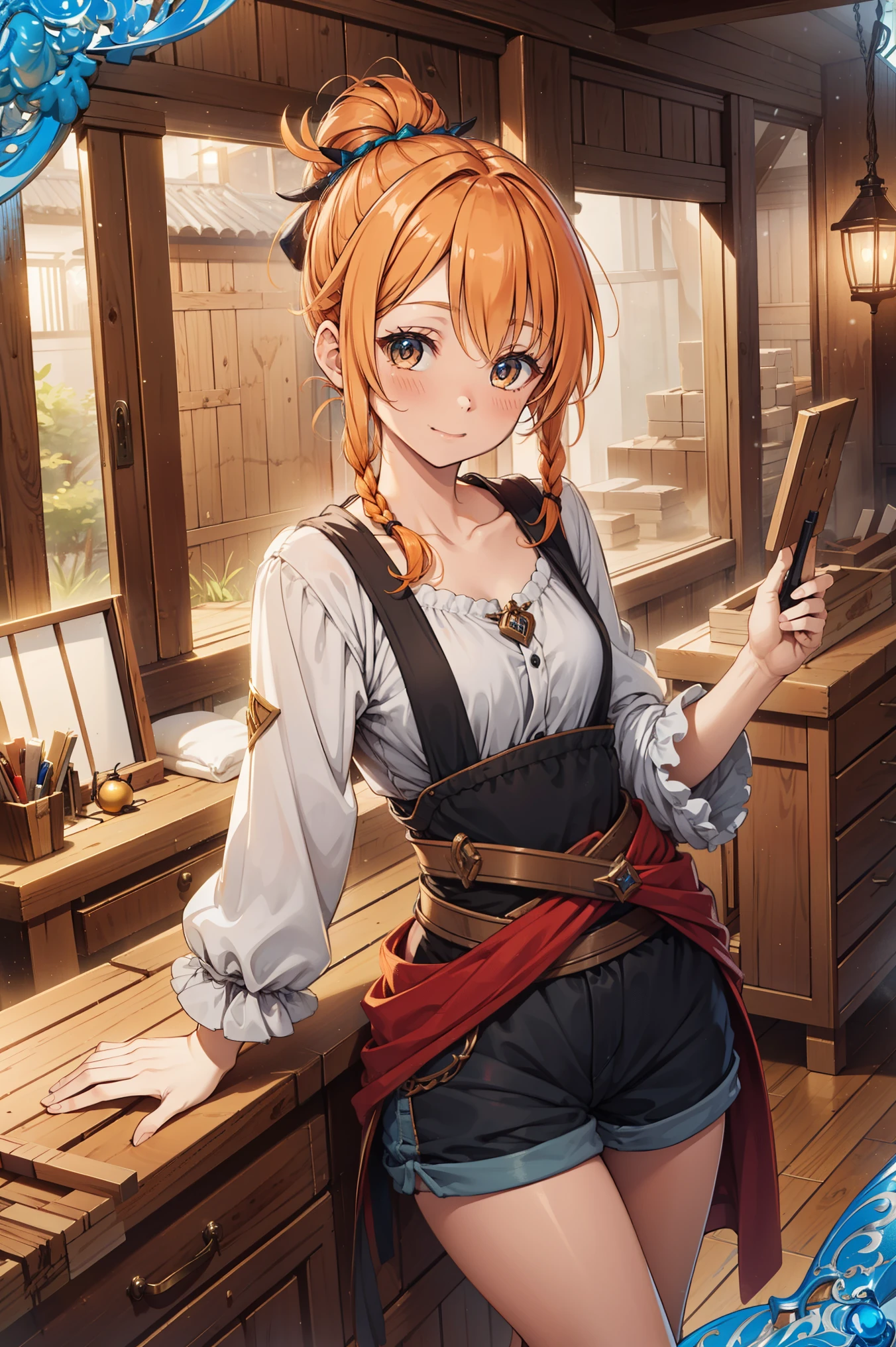 (Best quality, A high resolution, Textured skin, High quality, High details, Extremely detailed CG unity), (female) Enchanted,having fun,Being in love,wood worker in fantasy world, orange hair, black eyes, short braids, hair decoration, hair up, surprise face, simple clothing, shorts, female wood worker, solo person,Dazzle, woman crafting, beautiful, (in workshop), wood work, detailed woodshop scene