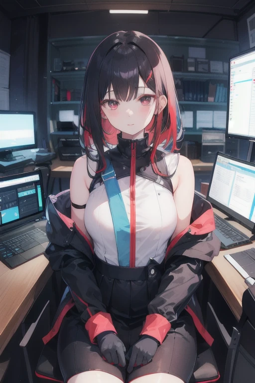 Commander　woman　Her hair color is reddish black.　Commanderの服装　Black gloves　sitting in front of a computer　The computer is open　He is looking at me while using his computer　Dark computer room