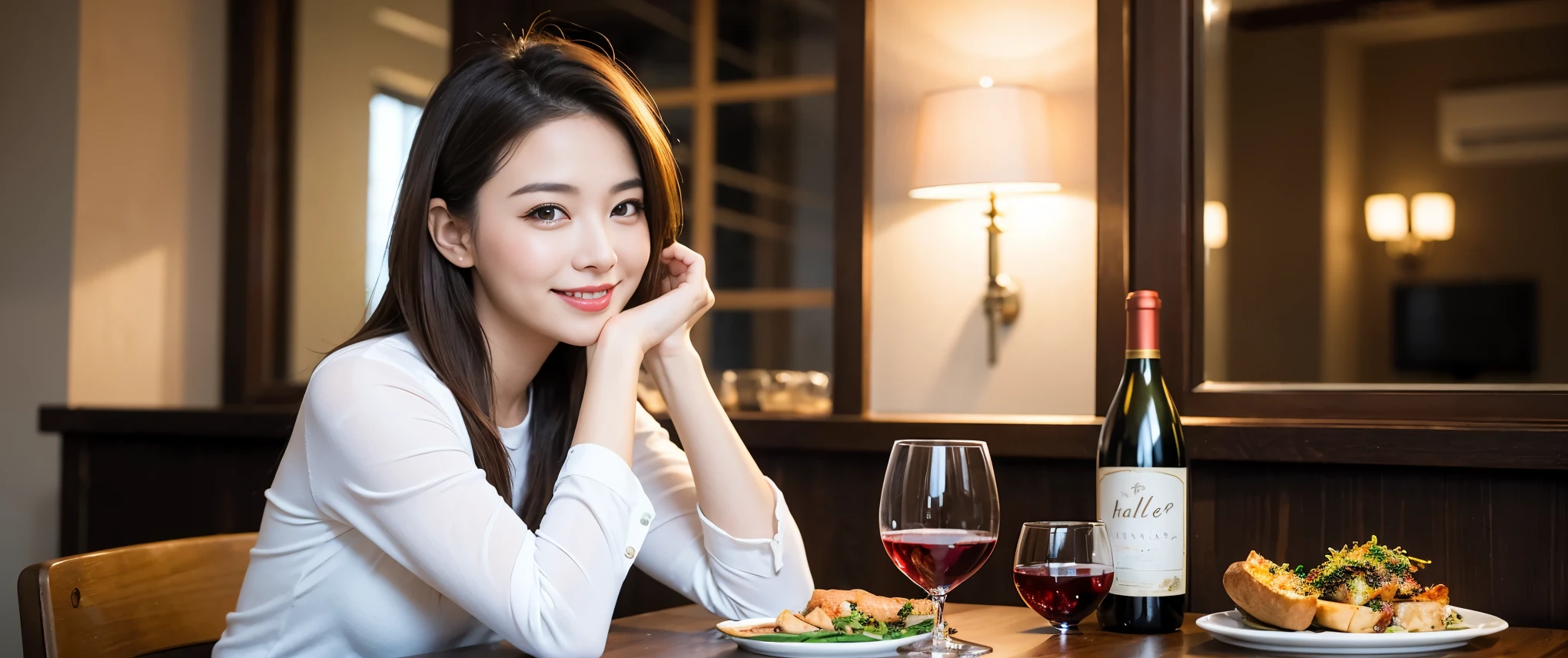((highest quality、8k、masterpiece:1.3))、Beautiful woman perfect body:1.4、Beautiful mature woman、Two women who love wine、One Man、slimなボディ、((Bob Hale、Straight hair:1.2))、 Ultra-high resolution, Bright image、Beautiful Face, blue eyes, Beautiful Eyes, The light shines on your face, Blushing your nose, short hair,Amazing view of the sunset sky and clouds、Amazing mountain views、ニコニコ明るいsmile、smileの素敵な女性、Bright Face、Fox face、Lady、Champagne、Wine bottle、wine glass、red wine 、Appetizers、Italian food、Two beauties、Brown Hair、Shortcuts、Long sleeve shirt、Winter Fashion、dress、Wine bottle、sparkling wine、Pretty Woman 1, (slimな顔), (Brown Hair), (Shortcuts), cheeks turn a little red, (36 years old), 39 years old, Attractive beauty、restaurant, Nova Frog Style, actress, model, Upper Body, White wine, slim, wine glass, 真ん中に置かれたwine glass, smile, (smile: 1.15), 綺麗なBeautiful Eyes, Strong light and shadow,Moist Body:1.5、Delicate eyes、Brown Hair、The hair is very shiny、