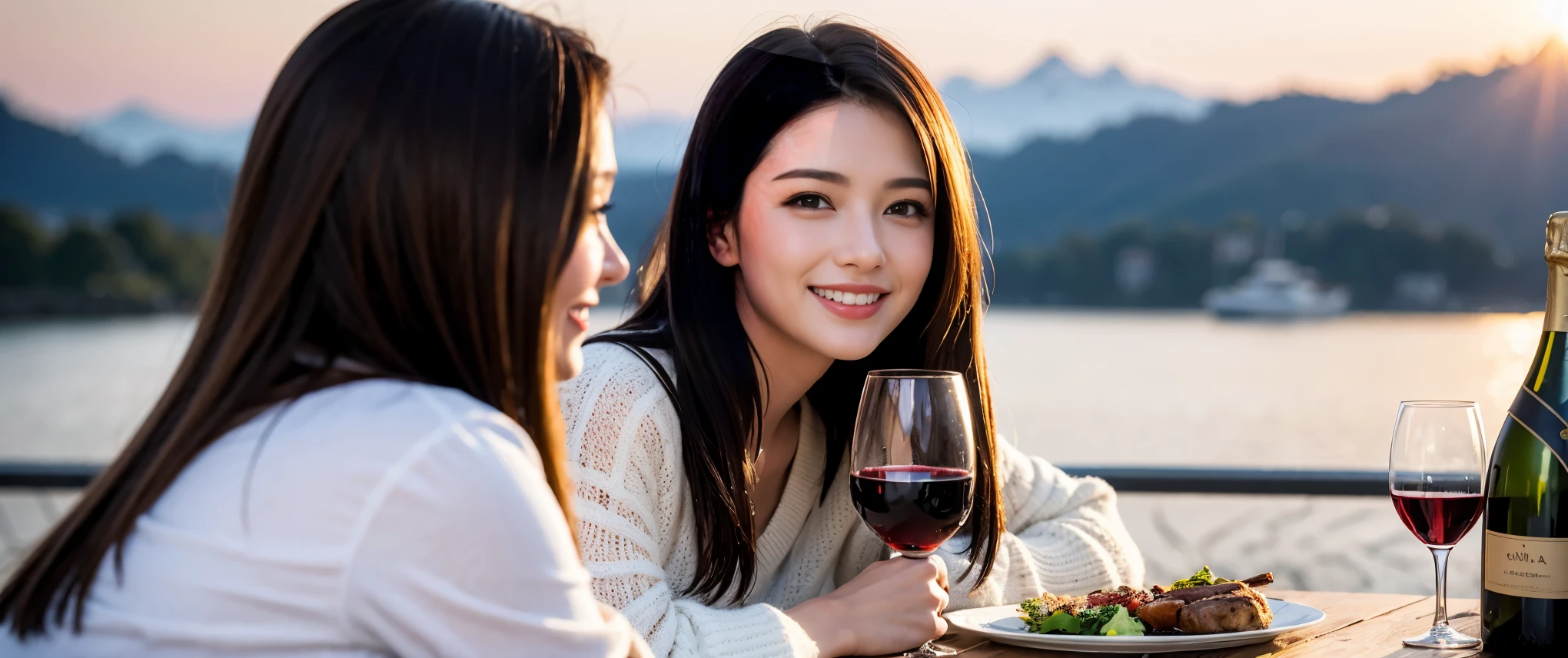 ((Highest quality、8k、masterpiece:1.3))、Slim Couple、Model Couple、(Realistic, Intricate details:1.2), full-course dinner、wine 、Amazing view of the sunset sky and clouds、A bright smile、The wonderfulness of smiles、Bright image、wineの美しさ, Beautiful Face, blue eyes, The light shines on your face, blush, short hair,Bright Face、 (Age 45), 39 years old, 赤wine 、Appetizers、Italian food、wine bottle、Champagne、スパークリングwine、Two beauties、Brown Hair、Shortcuts、Long sleeve shirt、dress、Two beautiful women