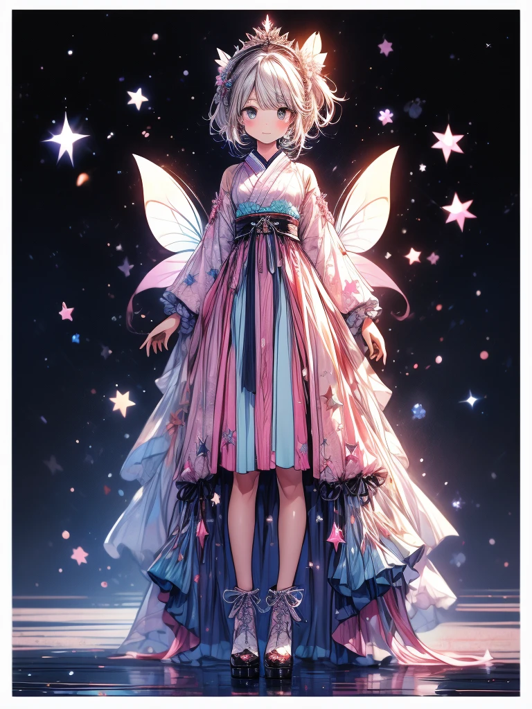 highest quality、8K,Handsome face、視聴者に向かって真っすぐfrontの絵、Star Fairy、全身front立ち絵、front、1girl,highest quality、Masterpiece、Official Art、Super detailed、super beautiful、かわいいStar Fairy、White hair straight short hair、Milky Way、universe、star charm、Star、、Knee-high boots、Japanese pattern dress、A beautiful girl wearing a black and white outfit made from a remade yukata、universeを思わせる花魁フリルドレス、Simple Background、