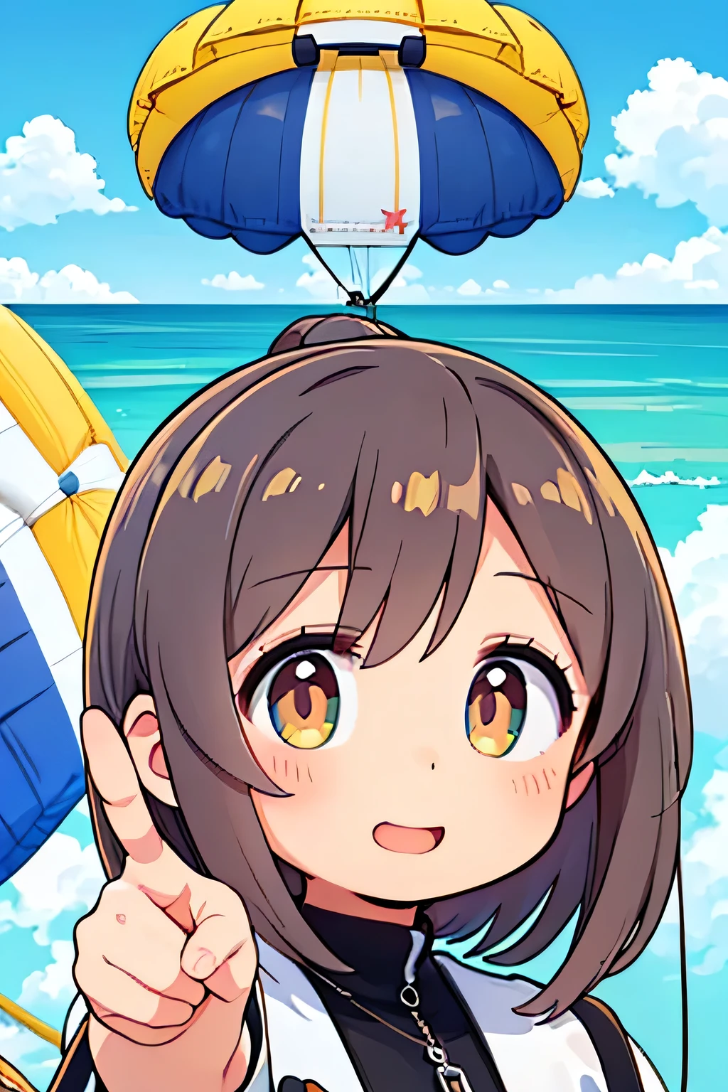highest quality、High resolution、Detailed Background、(Beautiful face in every detail:1.4)、Anatomically correct、(Draw the usual number of fingers:1.2)、(Detailed facial expressions)、(Detailed eyes:1.2)、(Detailed eyes:1.2)、age beauty、(Highly detailed face:1.4)、Cute color hair color、ponytail、Bobcut、well-groomed eyebrows、Satisfied and happy smiles、Excitement and anticipation、The blueness of the sea、Stretching sandy beach、A beautiful island in the distance々、From the sky、
(A beautiful girl soaring through the sky on a parasailing:1.5)、
A beautiful seaside resort、With blue sky and expansive sea in the background、A view that spreads out at once