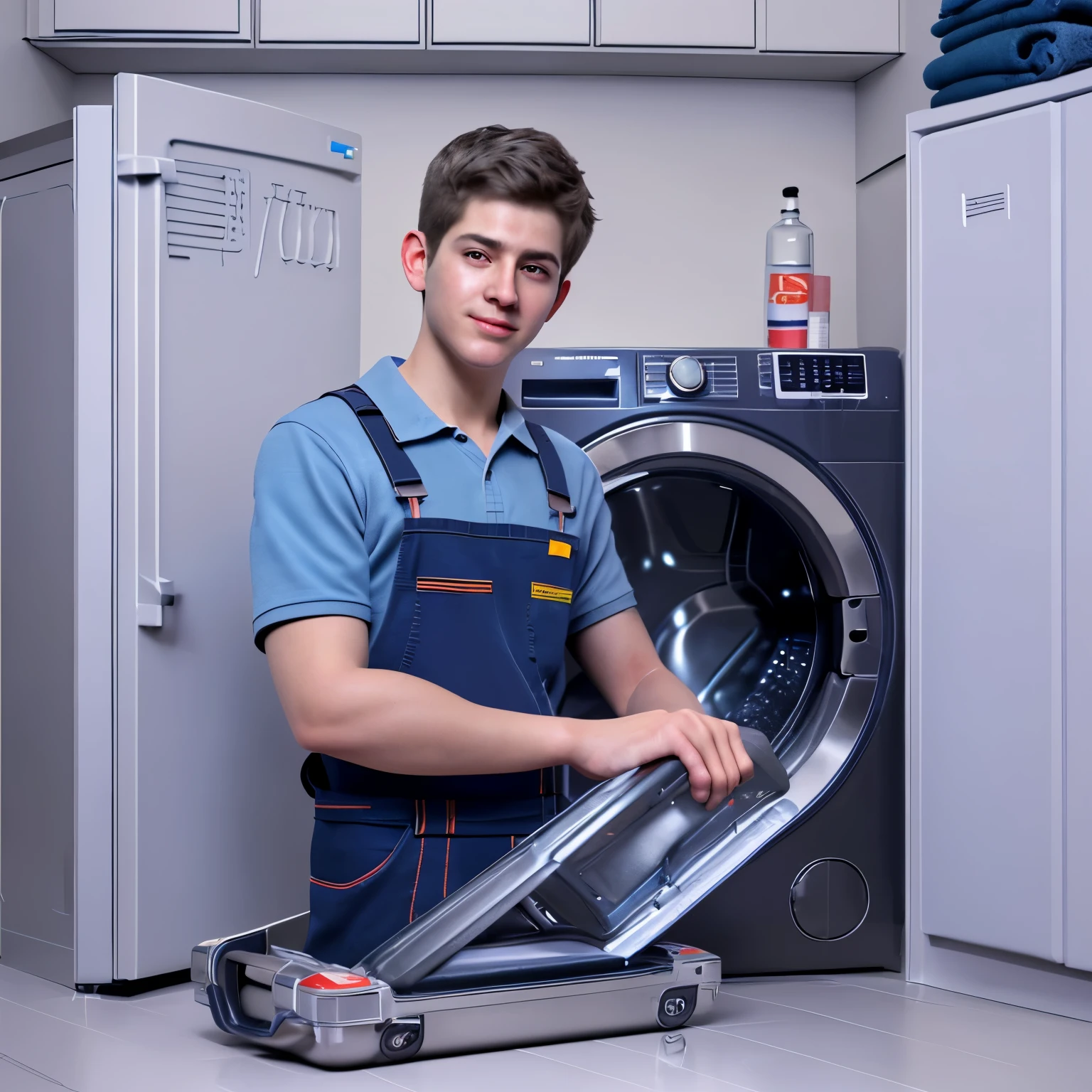 A boy with his toolbox, repairing a washing machine and refrigerator, in a logo design for a company called Advanced. (best quality, highres, ultra-detailed), (realistic:1.37), vivid colors, professional, concept artists, portraits, tools, appliances, repair, handyman, suitcase, logo design, company, Advanced