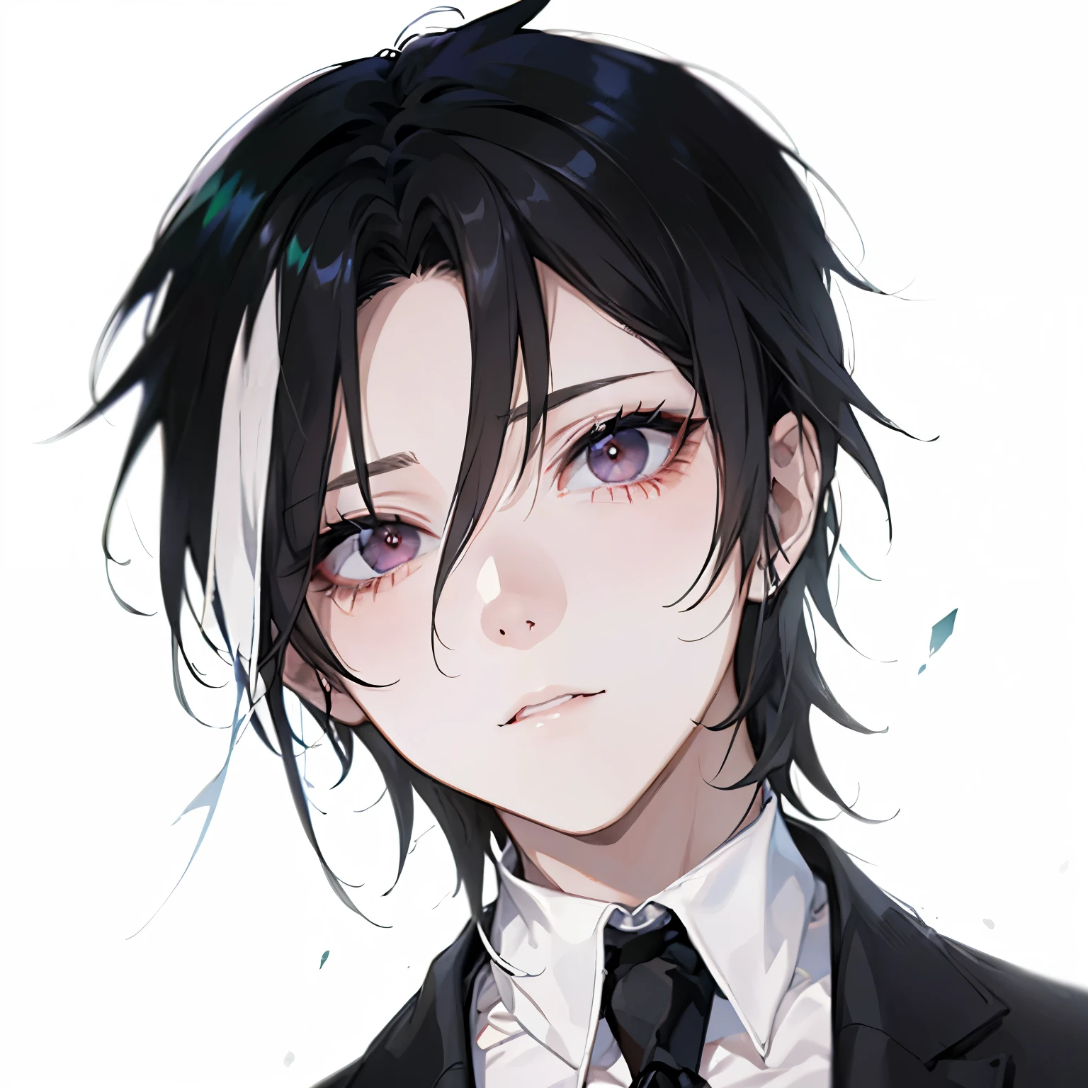 high resolution、high quality、male、White mesh on black hair、One eye red and one eye black、Suit and tie
