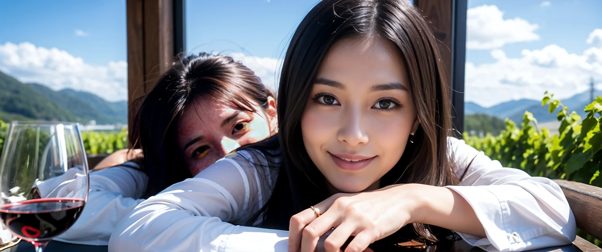 ((highest quality、8k、masterpiece:1.3))、Beautiful woman perfect body:1.4、Beautiful mature woman、Two women who love wine、One Man、slimなボディ、((Bob Hale、Straight hair:1.2))、 Ultra-high resolution, Bright image、Beautiful Face, blue eyes, Beautiful Eyes, The light shines on your face, Blushing your nose, short hair,Amazing view of the sunset sky and clouds、Amazing mountain views、ニコニコ明るいsmile、smileの素敵な女性、Bright Face、Fox face、Lady、Champagne、Wine bottle、wine glass、red wine 、Appetizers、Italian food、Two beauties、Brown Hair、Shortcuts、Long sleeve shirt、Winter Fashion、dress、Wine bottle、sparkling wine、Pretty Woman 1, (slimな顔), (Brown Hair), (Shortcuts), cheeks turn a little red, (36 years old), 39 years old, Attractive beauty、restaurant, Nova Frog Style, actress, model, Upper Body, White wine, slim, wine glass, 真ん中に置かれたwine glass, smile, (smile: 1.15), 綺麗なBeautiful Eyes, Strong light and shadow,Moist Body:1.5、Delicate eyes、Brown Hair、The hair is very shiny、
