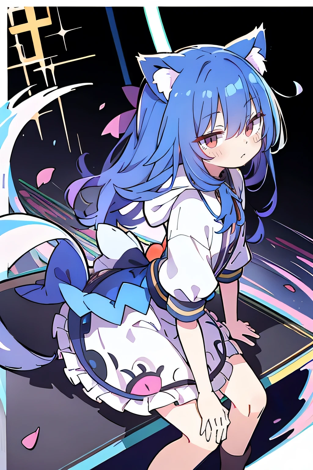 (masterpiece:1.2),Super detailed,lifelike,Expressive eyes,fair skin,perfect face shape,1 girl,
Japanese comics,Gorgeous blue hair,flowing blue hair,flowing clothes,Cat ears,Petals fall,beautiful lola,Baby Angel,
Shaking head with one hand,Cross your legs,Gentle and peaceful background,The pavilion is cool and comfortable,smile, wearing hoodie, background of tokyo,back views.