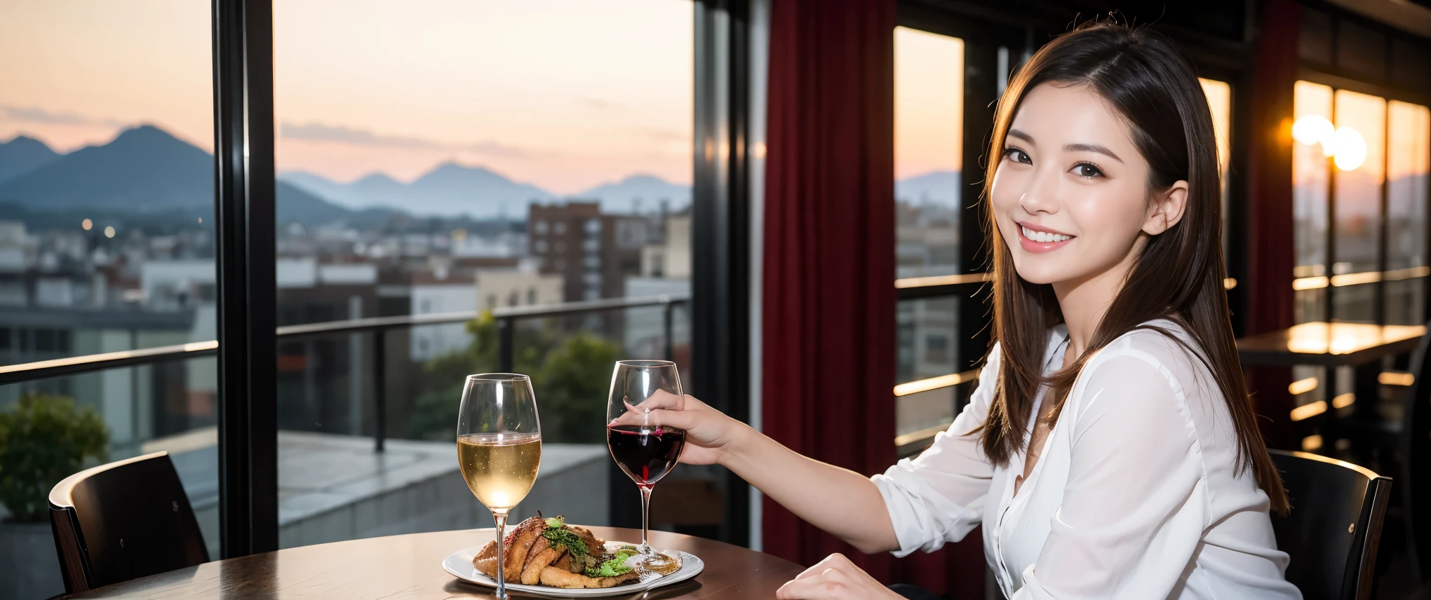 ((highest quality、8k、masterpiece:1.3))、Beautiful woman perfect body:1.4、2 women、slimなボディ、((Bob Hale、Straight hair:1.2))、 Ultra-high resolution, Bright image、2. The beauty of wine, Beautiful Face, blue eyes, Beautiful Eyes, The light shines on your face, Blushing your nose, short hair,Amazing view of the sunset sky and clouds、Amazing mountain views、ニコニコ明るいsmile、smileの素敵な女性、Bright Face、Fox face、Lady、Champagne、Wine bottle、wine glass、red wine 、Appetizers、Italian food、Two beauties、Brown Hair、Shortcuts、Long sleeve shirt、Winter Fashion、dress、Wine bottle、sparkling wine、Pretty Woman 1, (slimな顔), (Brown Hair), (Shortcuts), cheeks turn a little red, (42 years old), 39 years old, Attractive beauty、restaurant, Nova Frog Style, actress, model, Upper Body, White wine, slim, wine glass, 真ん中に置かれたwine glass, smile, (smile: 1.15), 綺麗なBeautiful Eyes, Strong light and shadow,Moist Body:1.5、Delicate eyes、Brown Hair、The hair is very shiny、