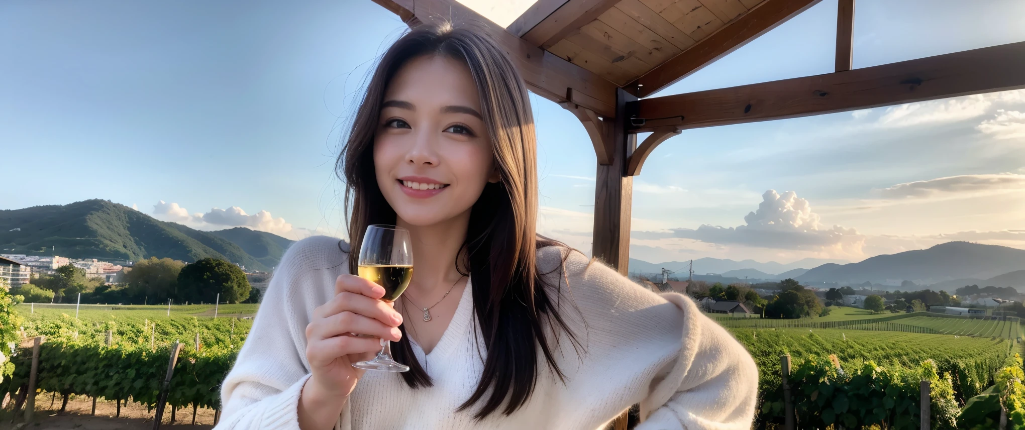 ((highest quality、8k、masterpiece:1.3))、Beautiful woman perfect body:1.4、2 women、slimなボディ、((Bob Hale、Straight hair:1.2))、 Ultra-high resolution, Bright image、2. The beauty of wine, Beautiful Face, blue eyes, Beautiful Eyes, The light shines on your face, Blushing your nose, short hair,Amazing view of the sunset sky and clouds、Amazing mountain views、ニコニコ明るいsmile、smileの素敵な女性、Bright Face、Fox face、Lady、Champagne、Wine bottle、wine glass、red wine 、Appetizers、Italian food、Two beauties、Brown Hair、Shortcuts、Long sleeve shirt、Winter Fashion、dress、Wine bottle、sparkling wine、Pretty Woman 1, (slimな顔), (Brown Hair), (Shortcuts), cheeks turn a little red, (42 years old), 39 years old, Attractive beauty、restaurant, Nova Frog Style, actress, model, Upper Body, White wine, slim, wine glass, 真ん中に置かれたwine glass, smile, (smile: 1.15), 綺麗なBeautiful Eyes, Strong light and shadow,Moist Body:1.5、Delicate eyes、Brown Hair、The hair is very shiny、