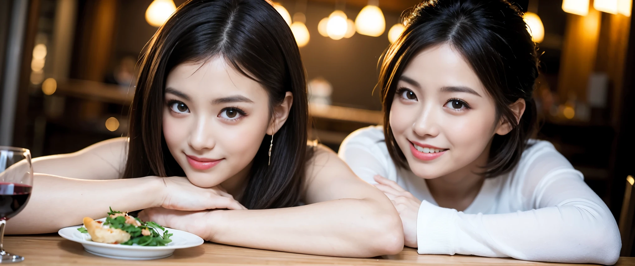 ((highest quality、8k、masterpiece:1.3))、Sharp focus:1.2、Beautiful woman perfect body:1.4、slimなボディ、((Bob Hale、Straight hair:1.2))、(to be born, highest quality, masterpiece:1.5), (Realistic, Intricate details:1.2), Ultra-high resolution, Shine light on your face、Amazing view of the sunset sky and clouds、Amazing mountain views、ニコニコ明るいsmile、wine glass、red wine 、Appetizers、Italian food、Wine bottle、Champagne、sparkling wine、, Beautiful Face, blue eyes, The light shines on your face, Blushing, short hair,Bright Face、Fox face、 (42 years old), 45 years old, Lady、Two beauties、Brown Hair、Shortcuts、Long sleeve shirt、dress、Pretty Woman 1, (slimな顔), (The body is slim), (Brown Hair), (Shortcuts), cheeks turn a little red,Attractive beauty、, Out of the window, A beautiful and detailed night view unfolds.........., restaurant, In a prominent place (From the waist up) Nova Frog Style, actress, model, Upper Body, White wine, slim, wine glass, 真ん中に置かれたwine glass, smile, (smile: 1.15), Beautiful fine grain, Depth f/2,saturation, High Contrast, Strong light and shadow,Moist Body:1.5、3D texture、Delicate eyes、Brown Hair、The hair is very shiny、