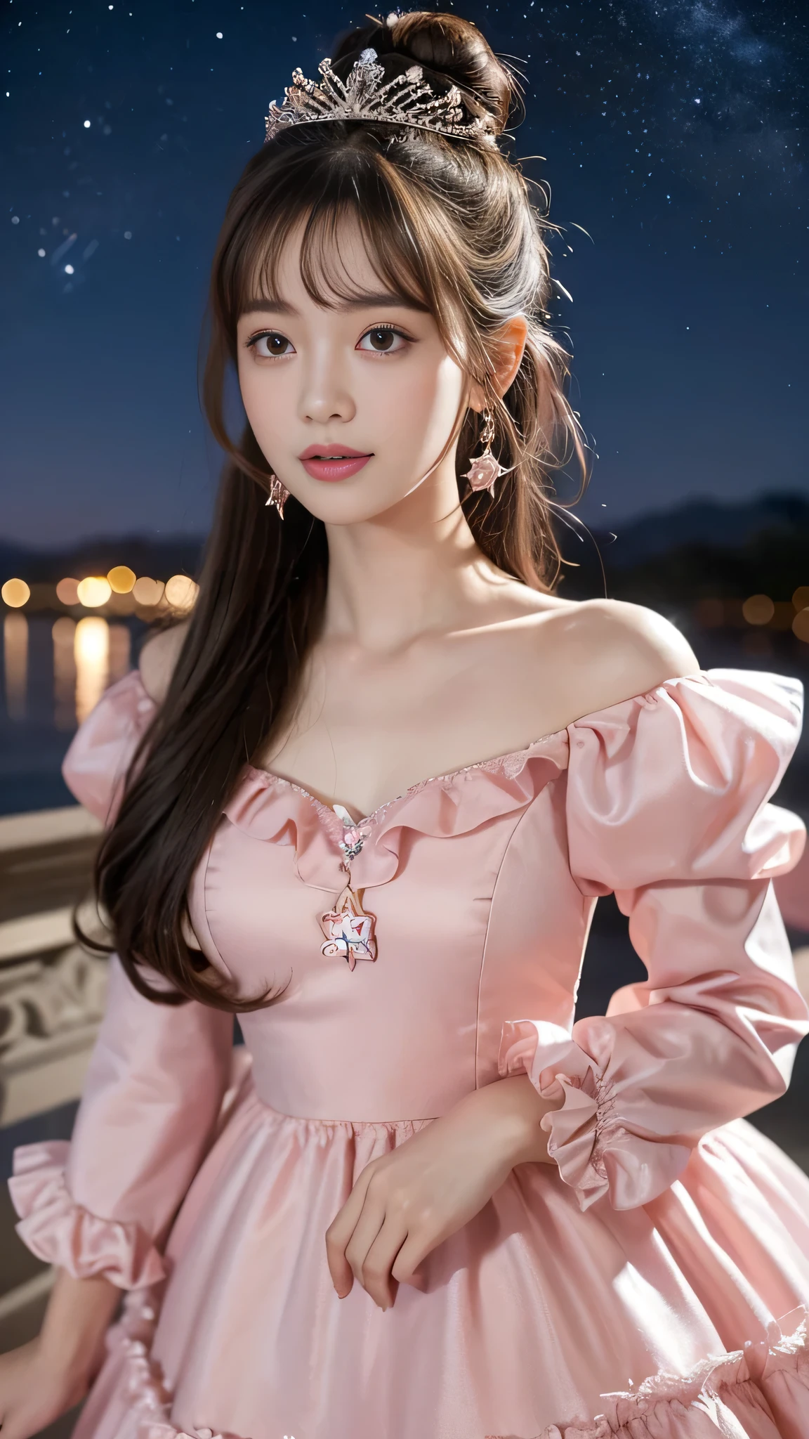 best quality, masterpiece, Very cute and gentle girl, (Solitary:1.2), (Pink princess dress with lots of ruffles:1.3), Beautiful and gentle eyes symmetrical, (Beautiful and detailed face), (Beautiful brunette, Top knot), Bangs, Smile, Palace GardenBREAK "Night Sky Princess" is a princess who shines like a star in the night. She rules the night sky, The stars illuminate her beauty. Her presence illuminates the silent night, Bringing light of hope.