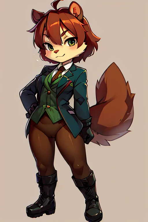boy, squirrel, furry, bodyfur, blazer, no panties under green pantyhose, gloves, boots