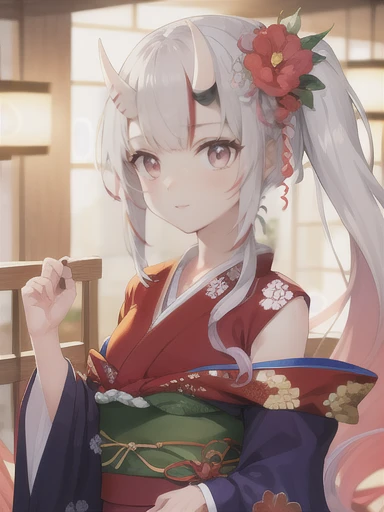 (masterpiece:1.3),((High resolution)),((high quality)),((Super detailed))、One girl、Perfect balance、((Upper Body))、Perfect Face、Detailed face、Cute face、Beautiful detailed eyes、Expressive eyes、Cute eyes、Shiny eyes、 alone,nakiri ayame, Long Hair, Side Ponytail, Iris New Year, red kimono, Floral print, Hair Flowers, sash, Wide sleeves, (Browsing Caution:1.4), whole body
