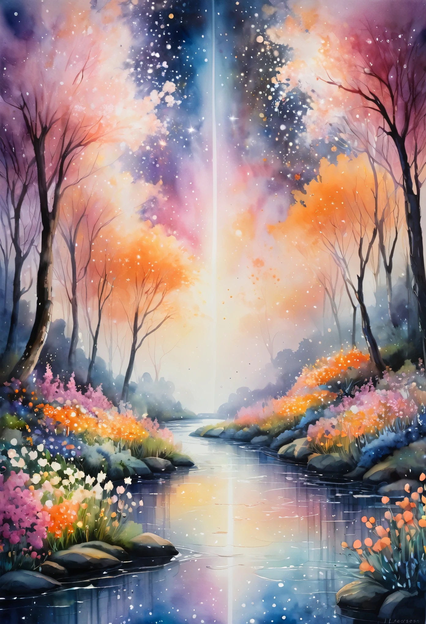 up-and-coming works of art, fusion of watercolor and oil painting, best quality, super fine, 16k, delicate and dynamic beautiful depiction, flower garden blooming in outer space, white, pink, orange, river of small stars, river of small stars flowing, mysterious and developing, space fantasy, curtain of light, Christian Lassen style