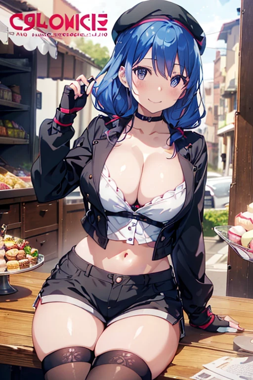 (from below:1.2),(from side:0.9), ((beautiful Face)), (Close-Up:0.6), ((looking at viewer, holding a icecream)),(Italian sweets magazine cover:1.4), highest quality、(real、photorealistic:1.5),(ultra high resolution,dark blue hair,long hair,side ponytail,hair between eyes,bangs, (beret, black jacket, open clothes, cleavage, midriff, black shorts, black thighhighs, thigh strap, fingerless gloves, single glove:1.2), (double breasted,under bust:1.2), sitting at a table, cute, anime visual of a cute girl, cute anime girl, eating cakes, young anime girl, guweiz, high quality anime artstyle, anime girl, artwork in the style of guweiz, beautiful anime girl, pretty anime girl, (anime girl), official artwork,(with sparkling eyes and a contagious smile),her thin pubic hair, looking at viewer, pose muy sexy"