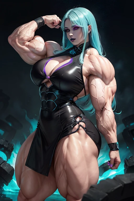 ((((Massive, beautiful, buff, pale white skinned, muscular woman with cyan hair, black lipstick, glowing purple eyes, ginormous bulky muscles, and wearing a beautiful long black leather cheongsam dress)))), close view, massive muscles, massive biceps, hyper muscle triceps, (beachy long hair), purple eyes, (studded wristband), high heels boots, (in a sea of cyan flames), surrounded by cyan fire, night, smirk, hyper muscles arms, hyper muscle legs, massive arms.