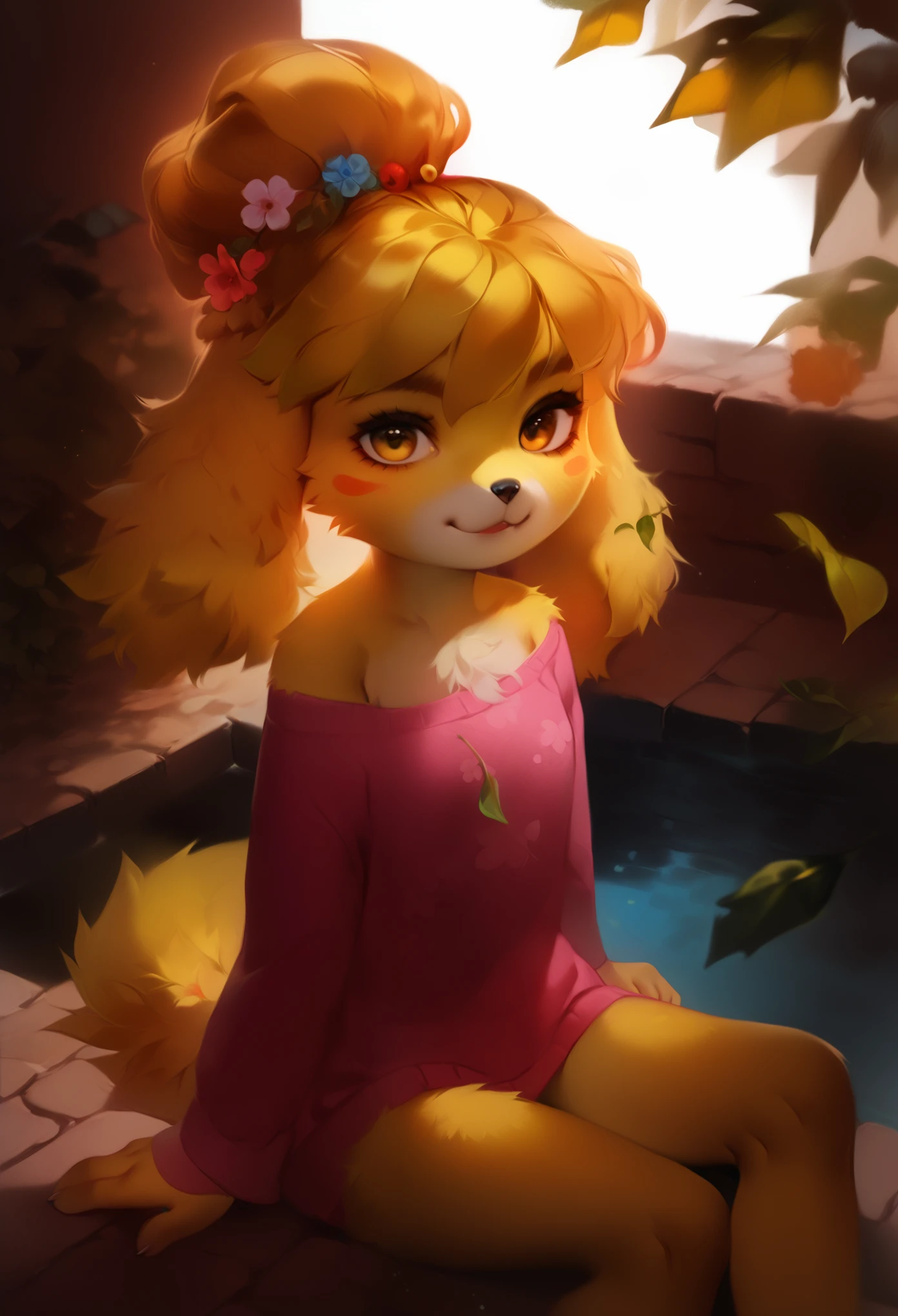 uploaded on e621, ((by Pino Daeni, by Ruan Jia, by Fumiko, by Levelviolet, by Supplesee)), kemono, dagasi, solo female isabelle \(animal crossing\) in animal form with tiny and short body with yellow fur (wearing pink shirt:1.4) with leaf patterns and (no pants:1.4) and white belly and top knot and (bells:1.2), ((feral)), ((flat chest)), (detailed fluffy fur), (half-lengthportrait, front view, looking at viewer), BREAK, (sitting in hotel swimming pool bench with plant and flower), (detailed background, depth of field, half body shadow, sunlight, ambient light on the body), (intricate:1), (high detail:1.3), (unreal engine:1.2), (soft focus:1.15), [explicit content, questionable content], (masterpiece, best quality, 4k, 2k, shaded, absurd res)