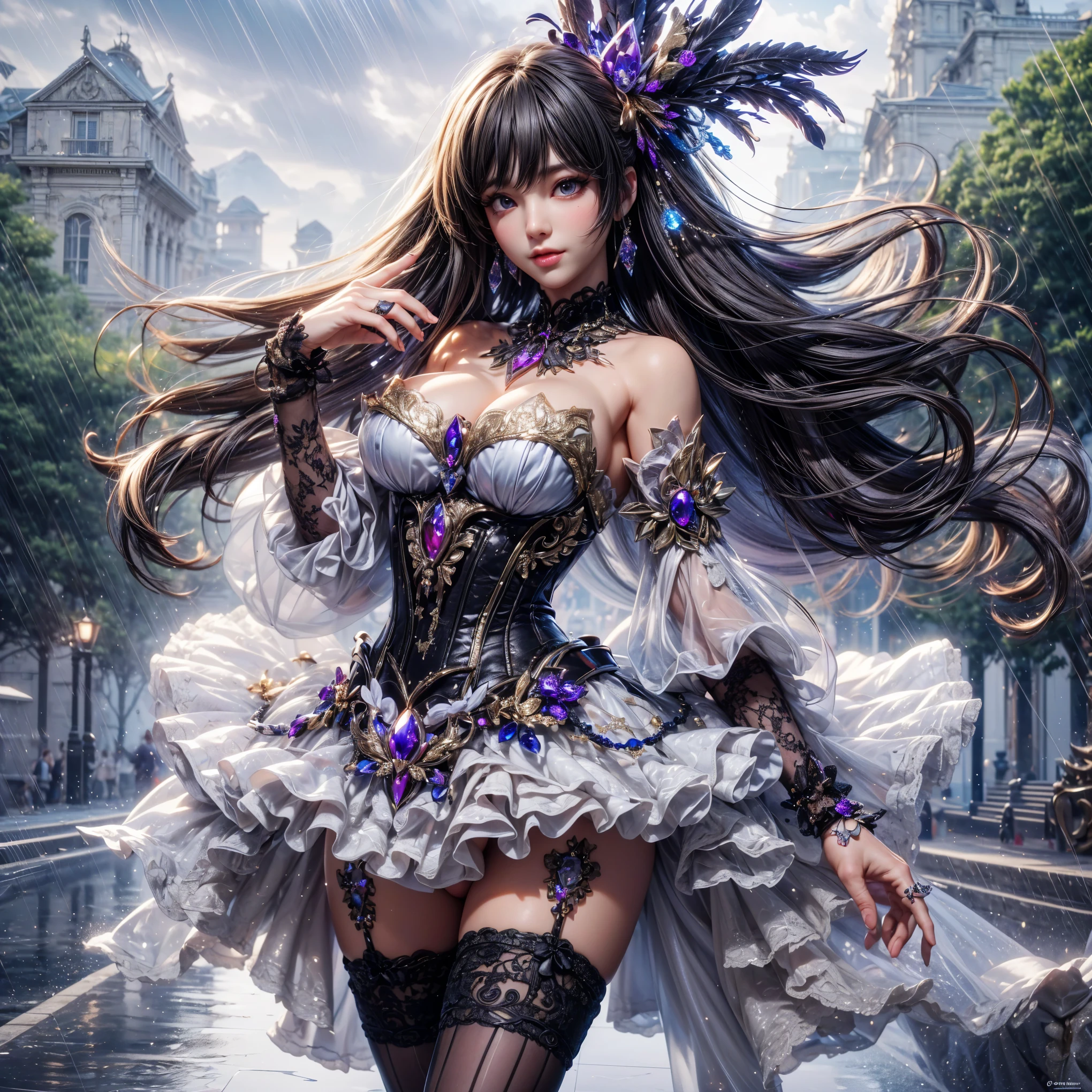 An asian woman with loose hair, standing on the stairs in the middle of a magical atmosphere, with a predominantly blue and red costume, a strapless corset-style dress decorated with bright purple jewels, a short tutu skirt, black thigh-high stockings with lace tops and ornaments purple jewels, white high heels with gold decoration, grand staircase background under mysterious sky full of stars and celestial bodies, crystal detailed, hyper realistic, hyperdetailTransparent clothing, Detailed gemstones, masterpiece, best quality:1.2),,(8k,highres,RAW photo,realistic,photo-realistic:1.3),(detailed skin texture,detailed cloth texture, beautiful detailed face:1.25),professional lighting,photon mapping,beautiful soft light,radiosity,physically-based rendering,raytracing, model shoot style, model shoot style, (extremely detailed CG unity 8k wallpaper), full shot body photo of the most beautiful artwork in the world (NSFW), (Nude), (Naked), (Nipple) (pussy) (exposed pussy) 