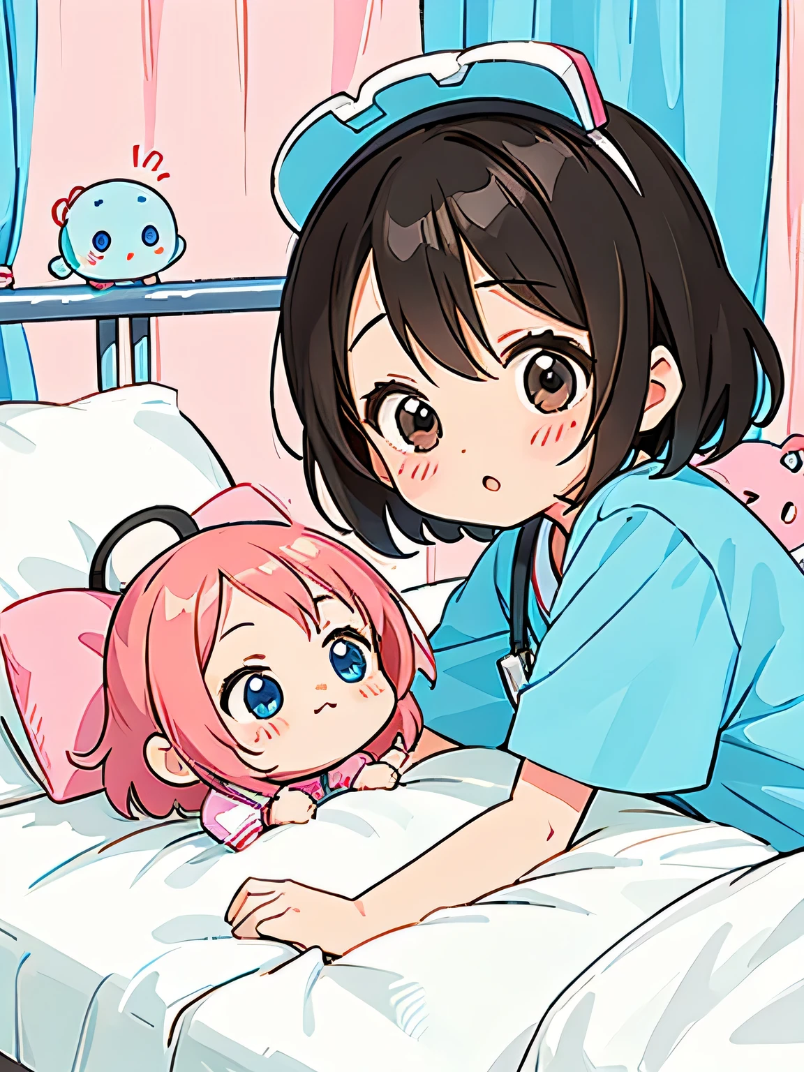 Ai Yazawa style, Kawaii Design, The most beautiful girl of all time、Chibi, play together、Cute Aliens, Hospital bed