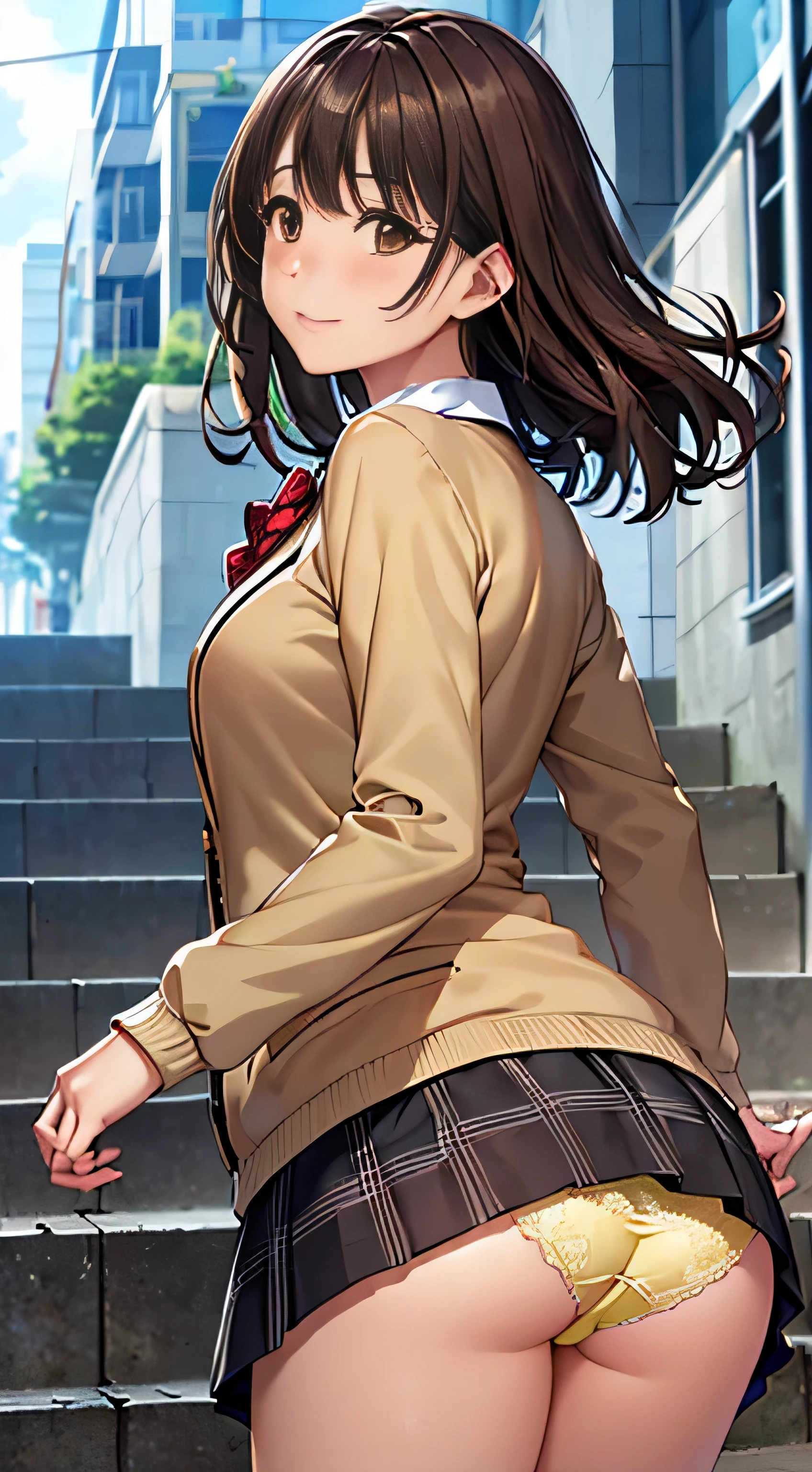 ((Tabletop, highest quality, High resolution, Hmph, Perfect Pixel, 4K, Hmph, Hmph))), One Girl, single, alone, Beauty、The whole body is visible、 ((Mid-wave hair, bangs, Brown Hair)), ((Brown eyes, Beautiful eyelashes, Realistic eyes)), ((Detailed face, Blushing:1.2)), ((Smooth texture:0.75, Realistic texture:0.65, Realistic:1.1, Anime CG Style)), Medium chest, Dynamic Angle, Perfect body, ((Red bow tie, , Black jacket, Open jacket, Brown cardigan, White shirt, Black Skirt, Checked skirt)), City stairs、Looking up from the bottom of the stairs、Very embarrassing panic smile, looked back、Leaning forward、(The wind blew up her skirt, exposing her buttocks....................、Touch your buttocks with both hands、Light yellow floral lace panties)、