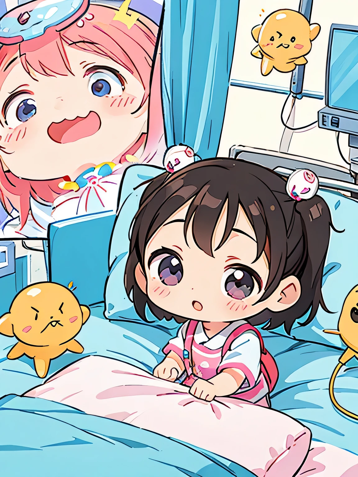 Ai Yazawa style, Kawaii Design, The most beautiful girl of all time、Chibi, play together、Cute Aliens, Hospital bed