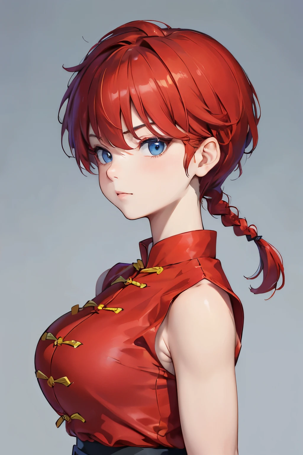 ((masterpiece)), high quality, very_high_resolution, large_filesize, full color, heavy outline, clear outline, colorful, (beautiful detailed eyes), (beautiful face:1.3), (boyish face:1.3), 1 girl, (femaleranma), (red hair), short hair, (braided ponytail), ((bangs)), bumpy bangs, blue-gray eyes, big breasts, curvy, femaleranma, braided ponytail, (red chinese clothes), sleeveless, tangzhuang, black pants, cameltoe, standing, upper body, ((from side:1.4)), ((portrait:1.8)), ((face focus:1.4)),