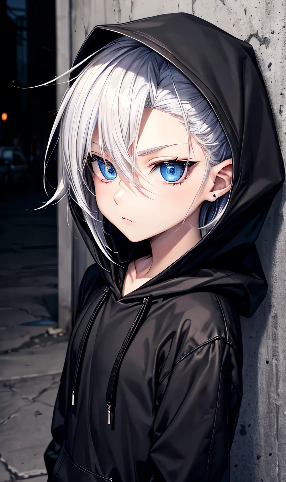 Black hoodie,Wearing a hood,
male,silver hair,Spiky Hair,Visual Kei,On the face,Slums,Beautiful Blue Eyes,