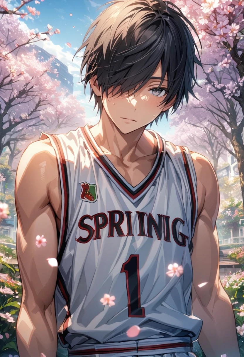 absurdres, highres, ultra detailed, HDR, masterpiece, extremely detailed face and eyes, Himuro Tatsuya, black hair, short hair, hair over the right eye, expressive gray eyes, Kuroko No Basket, solo, sexy man, handsome, white basketball uniform, spring, blossoms, petals