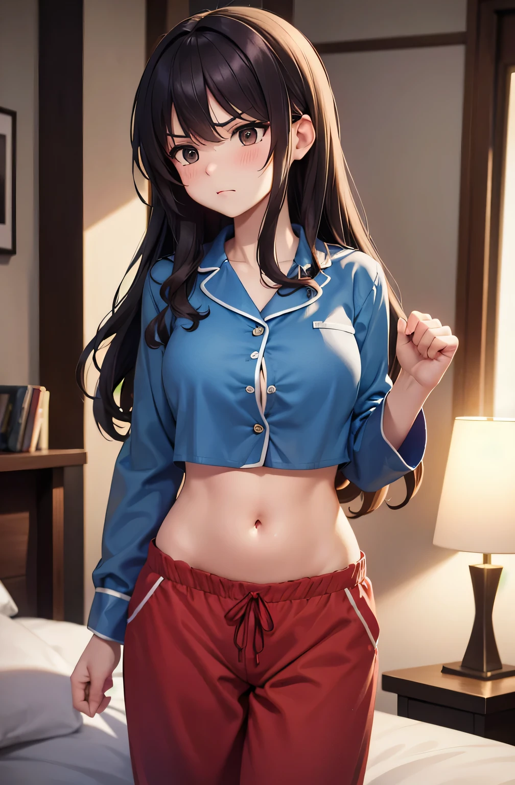 super fine illustration, vibrant colors, masterpiece, sharp focus, best quality, depth of field, cinematic lighting, ultra detailed, crop top, pajamas, button-up, pajama pants, long sleeves, drawstring pants, navel , belly button, tummy, wide hips, 1 woman, solo, milf, very messy hair, long hair, slender, blush, annoyed, mature female, tall woman, looking down, v-shaped eyebrows, black hair, stomach, small breasts