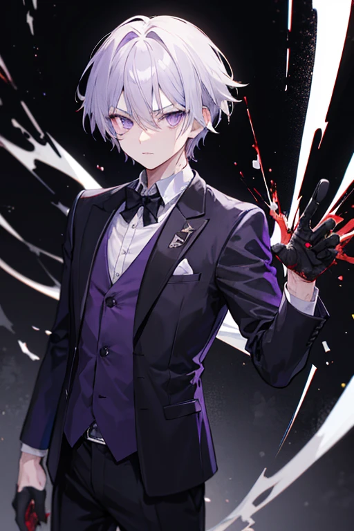 Grey Hair　Purple eyes　In a suit　One Boy　Guns in both hands　Serious expression　In a dark city　Blood splatter　Clothing black and purple image　Looking at me　One Boy
