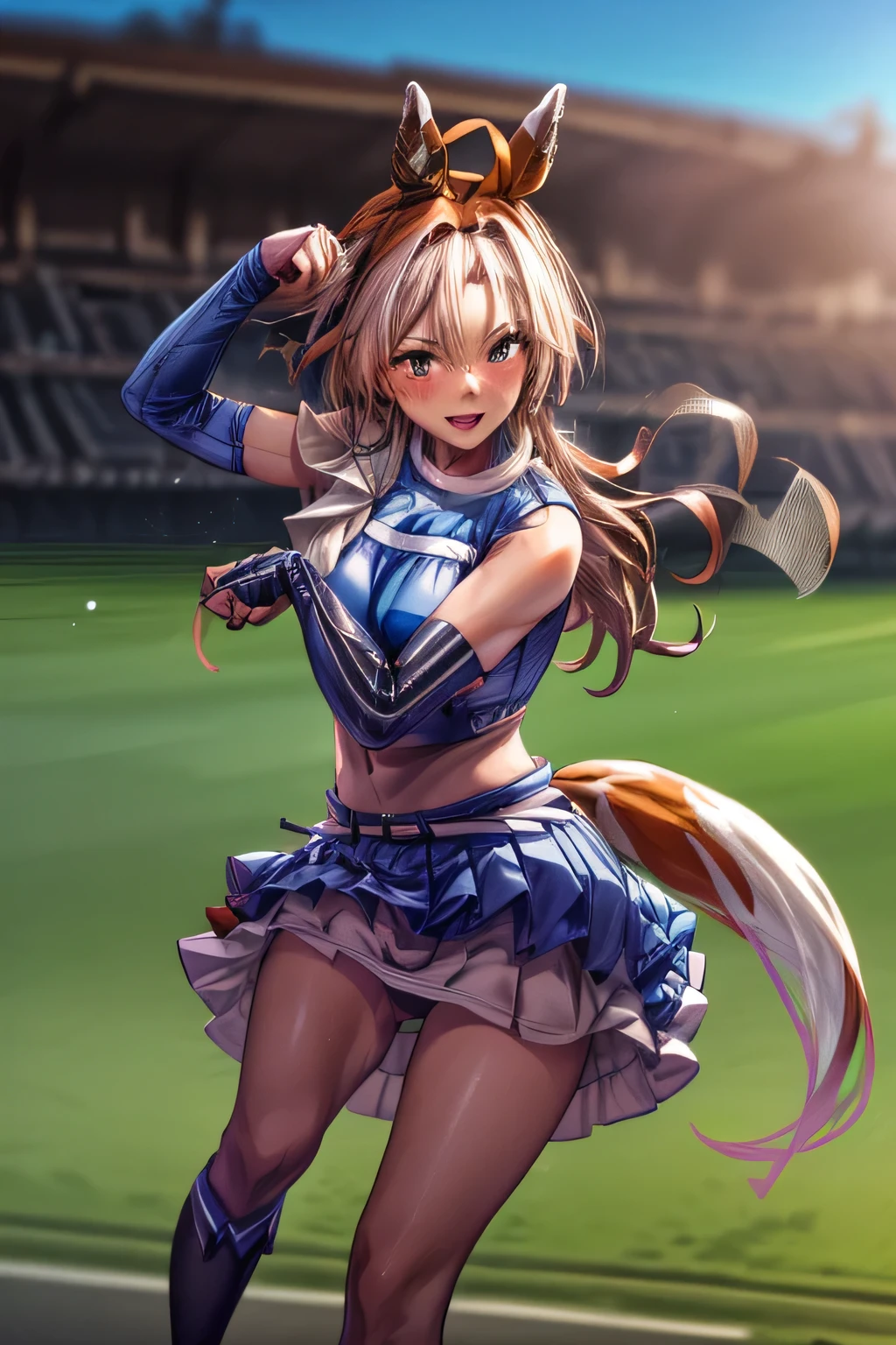 sexy dance show,(stadium, blurry background,blue sky,strong wind:1.2),orfevre \(umamusume\),perfect hands, perfect finger,perfect anatomy,masterpiece, best quality,realistic, hyperrealistic, 16k hdr,,what does the fox say,open mouth, happy smile, long hair, blush,  belt,(blue crop top), blue ultra miniskirt, pleated skirt, midriff, detached sleeves, elbow gloves,sweat,navel,large breasts,cleavage,erected nipples,(from below:1.2),micro panty,horse tail,(show off micro panty.:1.3)