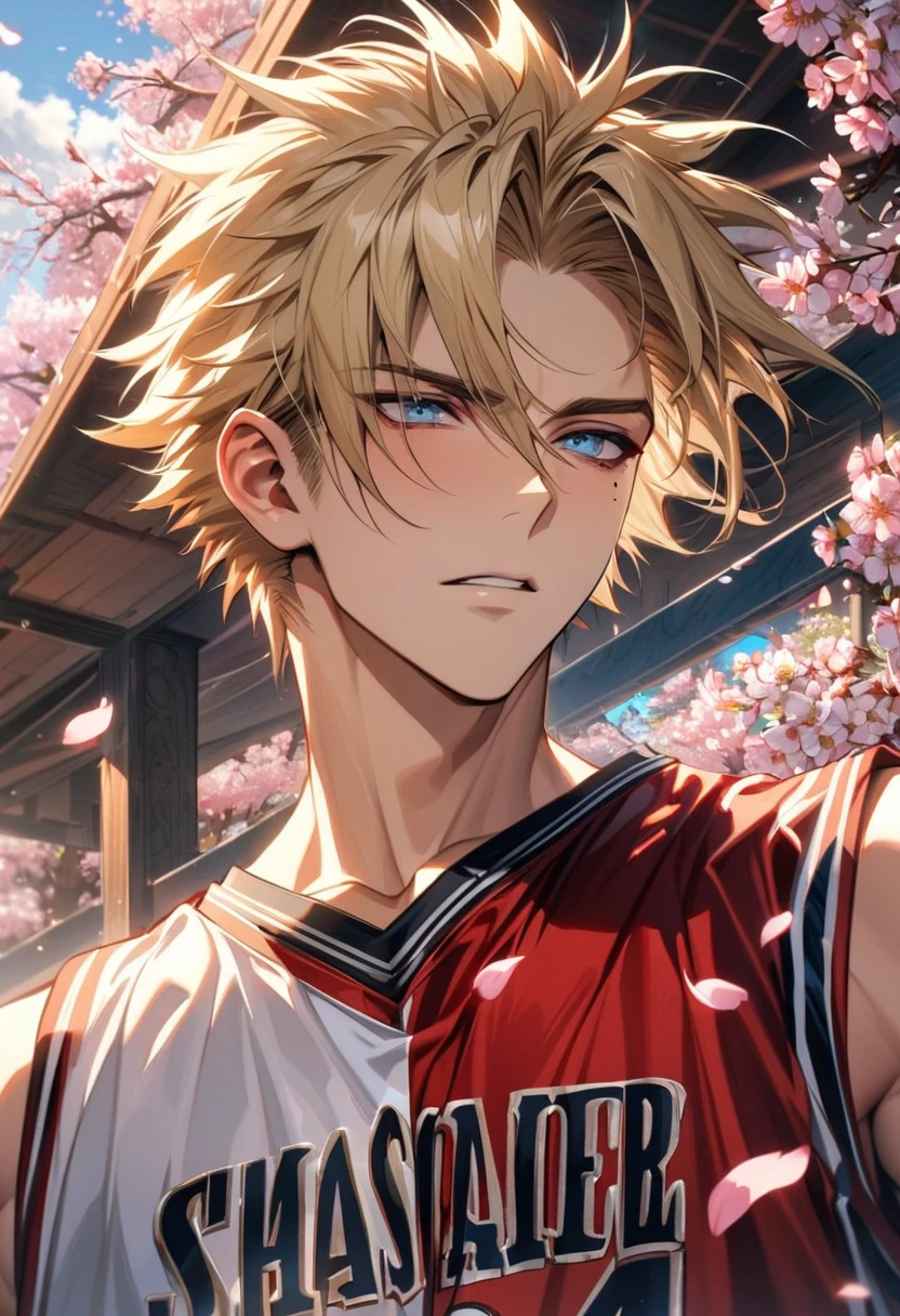 Ultra detailed, Highres, HDR, absurdres, Vash Stampede, expressive blue eyes, blond hair, Trigun, sexy man, handsome, solo, extremely detailed face and eyes, petals, blossoms, spring, master piece, basketball uniform, cherry blossoms, mole under his eye,
