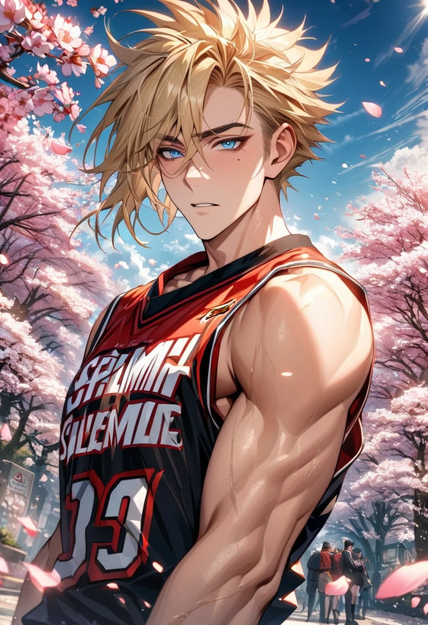 Ultra detailed, Highres, HDR, absurdres, Vash Stampede, expressive blue eyes, blond hair, Trigun, sexy man, handsome, solo, extremely detailed face and eyes, petals, blossoms, spring, master piece, basketball uniform, cherry blossoms, mole under his eye,