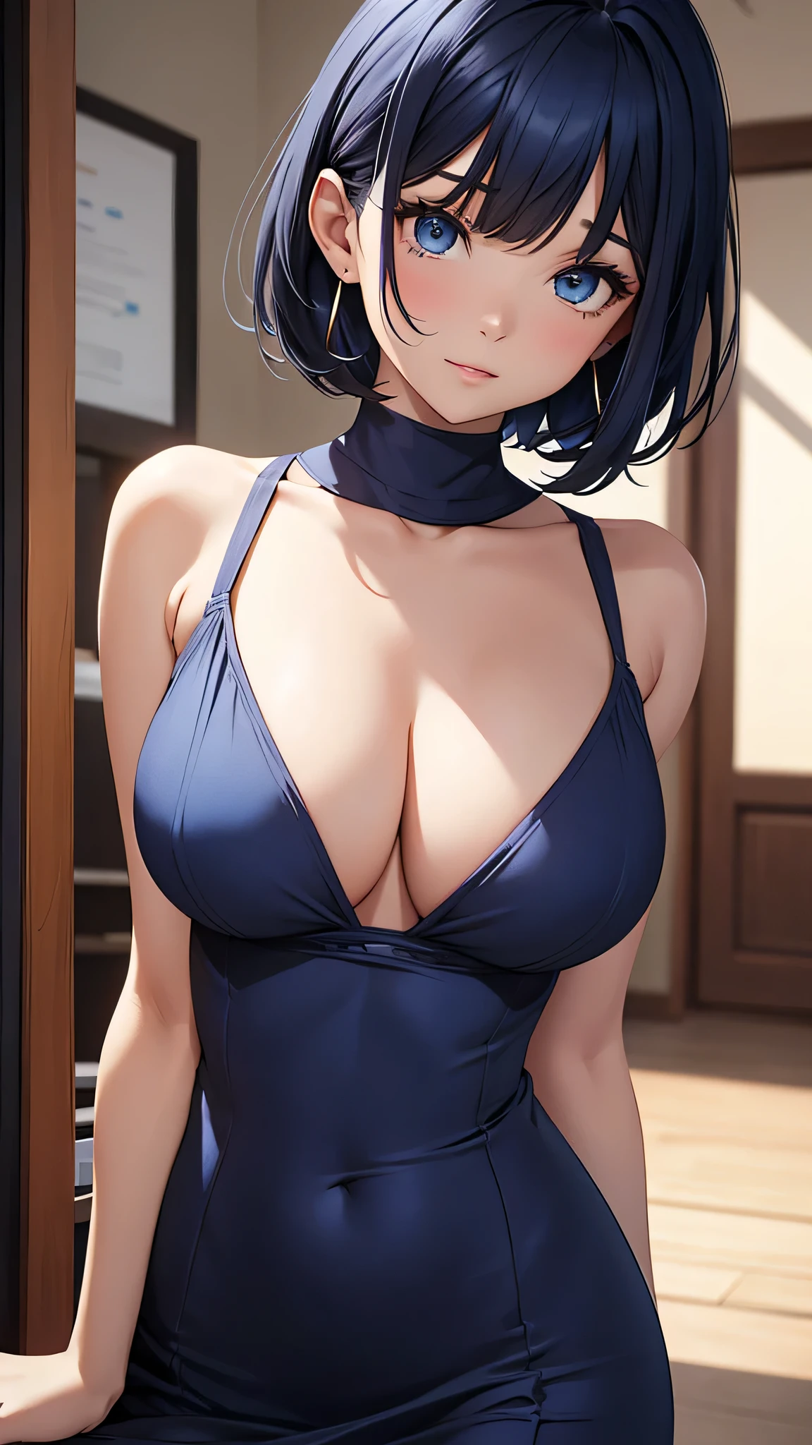 Beautiful Girl, Navy Blue Hair,short hair(Inward Curling Bob) ,blue eyes,Navy Blue Dress, Big Tits、blue earrings,In close range、blue necklace、Poses that accentuate the chest、Firm breasts