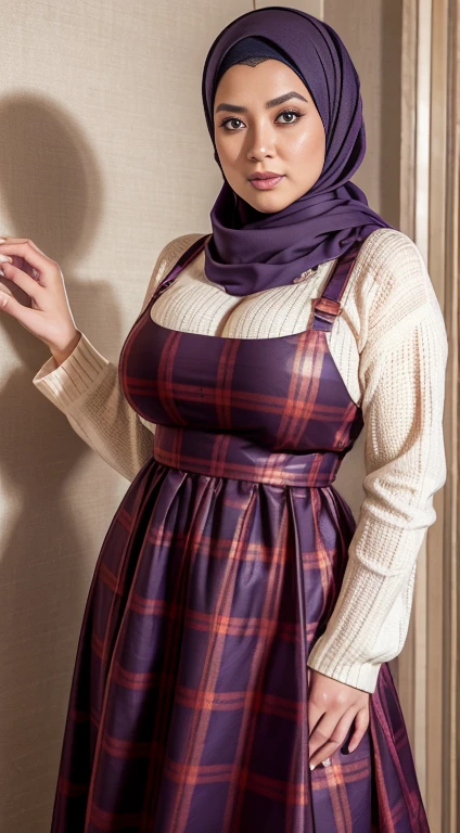 (Close Up),RAW, Best quality, high resolution, masterpiece: 1.3), beautiful Malay woman in hijab,Masterpiece, perfect  fit body, ((Huge breast)), big gorgeous eyes, Soft smile,beautiful face,thick thighs, woman wearing a plaid dress and a scarf standing in front of a purple wall, long dress with apron, tartan garment, 1 9 2 0 cloth style, frock, dress and cloth, illustrious clothes, clothes in the style of 2023, dressed thobe, ( ready - made ), in style 19 century,Delicate turtleneck, Excellent lighting, Bright colors, Clean lines