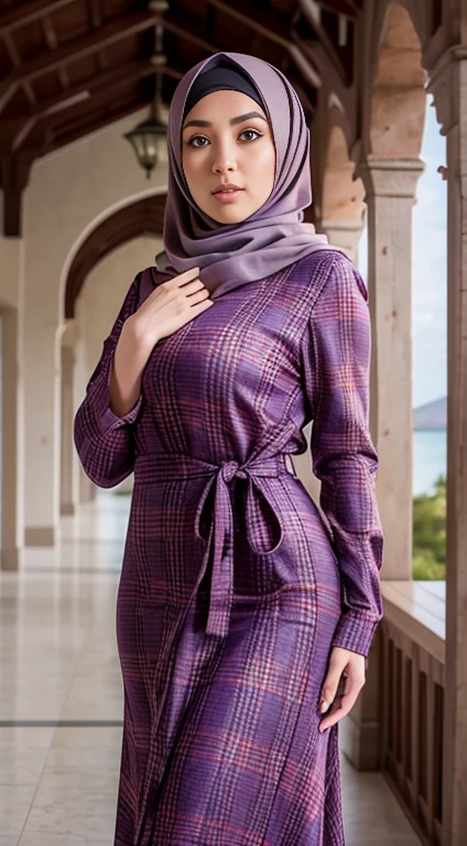 (Close Up),RAW, Best quality, high resolution, masterpiece: 1.3), beautiful Malay woman in hijab,Masterpiece, perfect  fit body, ((Huge breast)), big gorgeous eyes, Soft smile,beautiful face,thick thighs, woman wearing a plaid dress and a scarf standing in front of a purple wall, long dress with apron, tartan garment, 1 9 2 0 cloth style, frock, dress and cloth, illustrious clothes, clothes in the style of 2023, dressed thobe, ( ready - made ), in style 19 century,Delicate turtleneck, Excellent lighting, Bright colors, Clean lines