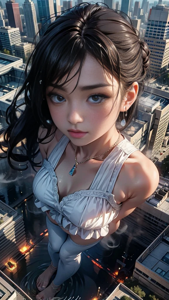 (Realistic:1.0, 16k, High resolution, highest quality, masterpiece, 超High resolution), (((Giantess Elements, Typhoon heavy rain))), From above, Perfect dynamic composition:1.2, (Modern city at night, Expressions of sadness:0.5), Highly detailed skin and facial textures:1.2, (Towering Giant Young Woman:1.0, taller than a skyscraper:1.0, 65,000 feet high:1.0, Incredibly slim body:1.0), Fair skin, y beauty, Very beautiful face, , Water droplets on the skin, (The rain drips down on my body:0.5, Wet body:0.5, Wet Hair:0.5), (Wet white linen pants:1.0, Wet sleeveless blouse:1.0), Shapely brehest gap, Big eyes that exude beautiful eroticism,hat exude beautiful eroticism, necklarings, bracelet, wedding ring, Shoulder bag, clock, ribbon, Full body portrait, ((Destroy a small city, Burning small town, rubble, Destroyed small building, Collapsed highway, Evacuated Residents)), (Major impact, Emphasizing the majesty and power of giants, Increase the destructive element, Lower the building, Making cities smaller)