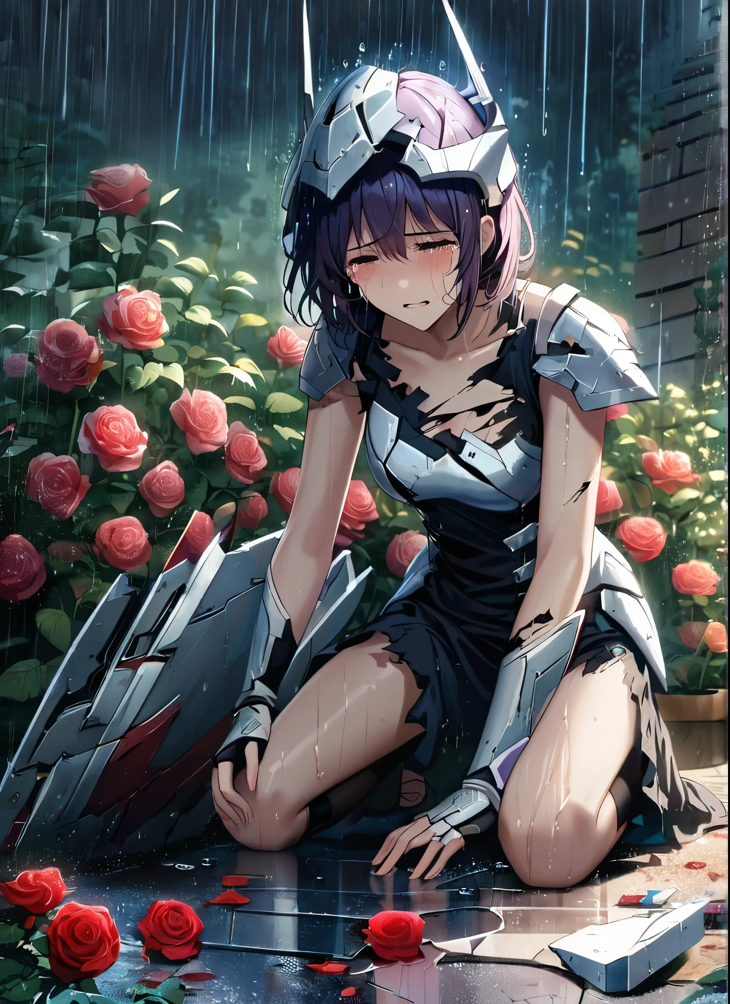 A girl, kneeling in the floor, wearing a shattered and broken armor, missing pieces ,ripped clothes, broken helmet ,broken shield and broken sword, in tears, sad, dramatic scene, tears flowing in the face, garden, roses, rain, ultra detailed face