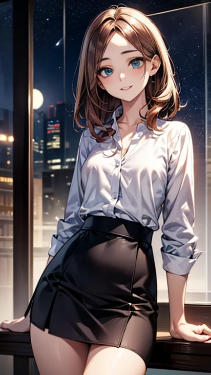 (Top quality masterpiece:1.2) Delicate illustrations, Very detailed, /Beautiful Japanese Woman、1 person,Very cute and slim、Excellent style 、((8K images、super high quality))、Very delicate face, Beautiful forehead、Beautiful thighs、Deep red lipstick,(((((Middle Hair、Brown Hair、Blonde hair))))),very cute、Kind eyes,(White shirt、skirt)、starry skies、Tokyo night view、Cafe、Date