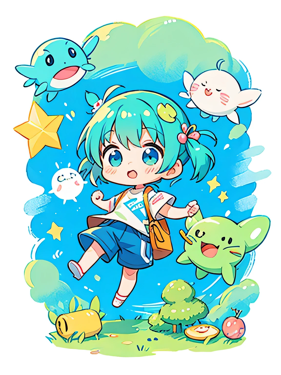 Fujio Akatsuka style, Kawaii Design, The most beautiful girl of all time、Chibi, play together、Cute Aliens