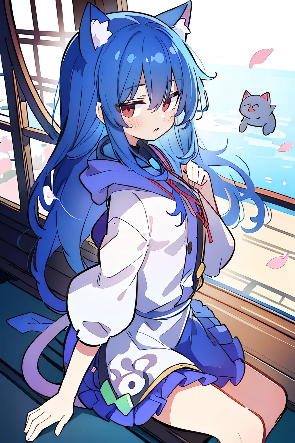 (masterpiece:1.2),Super detailed,lifelike,Expressive eyes,fair skin,perfect face shape,1 girl,
Japanese comics,Gorgeous blue hair,flowing blue hair,flowing clothes,Cat ears,Petals fall,beautiful lola,Baby Angel,
Shaking head with one hand,Cross your legs,Gentle and peaceful background,The pavilion is cool and comfortable,smile, wearing hoodie, background of tokyo,back views.